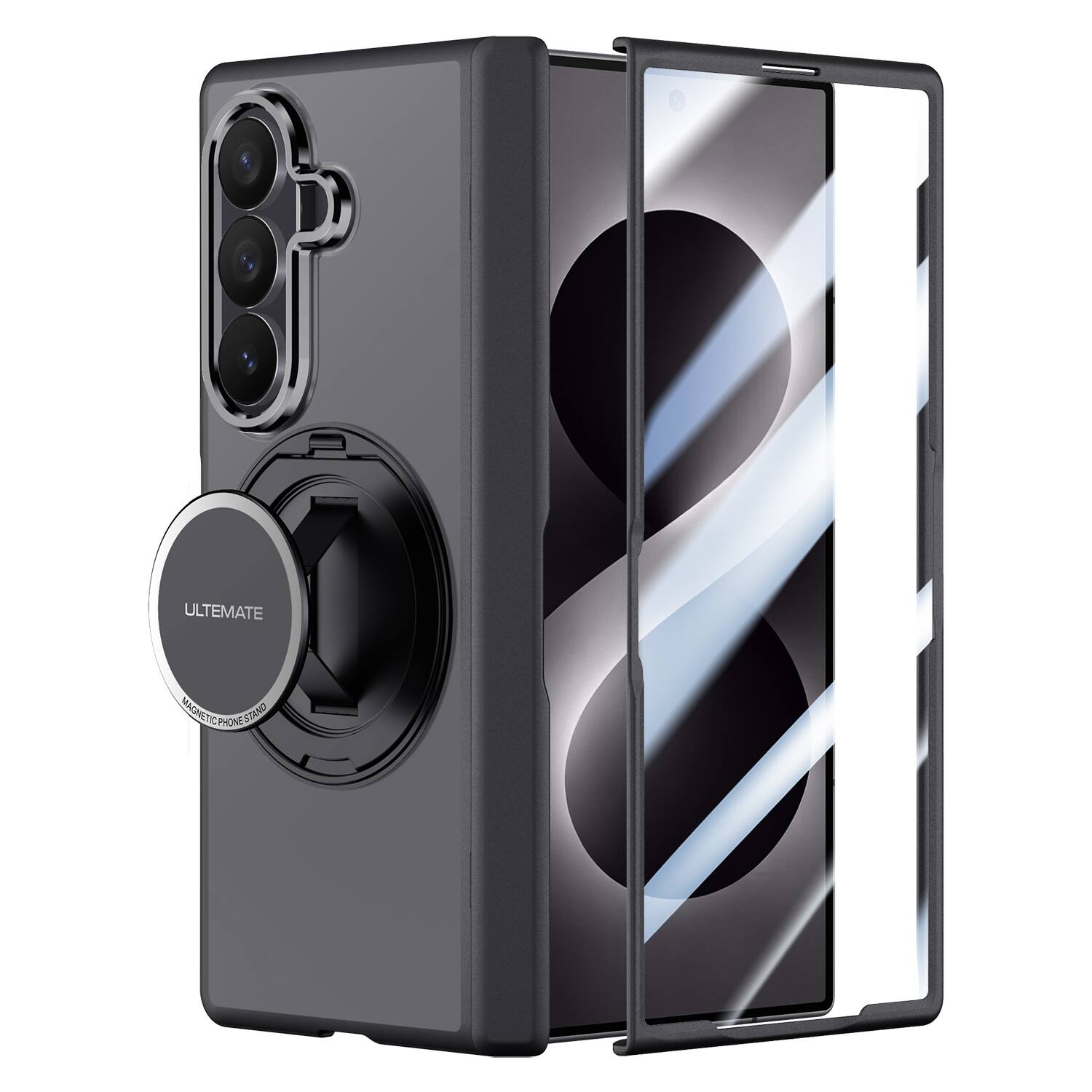 Dteck - for Samsung Galaxy Z Fold8 Ultra Case Built-in Screen Protector,Ring Stand & Hand Strap,Matte Hard PC Shockproof Cover - Black
