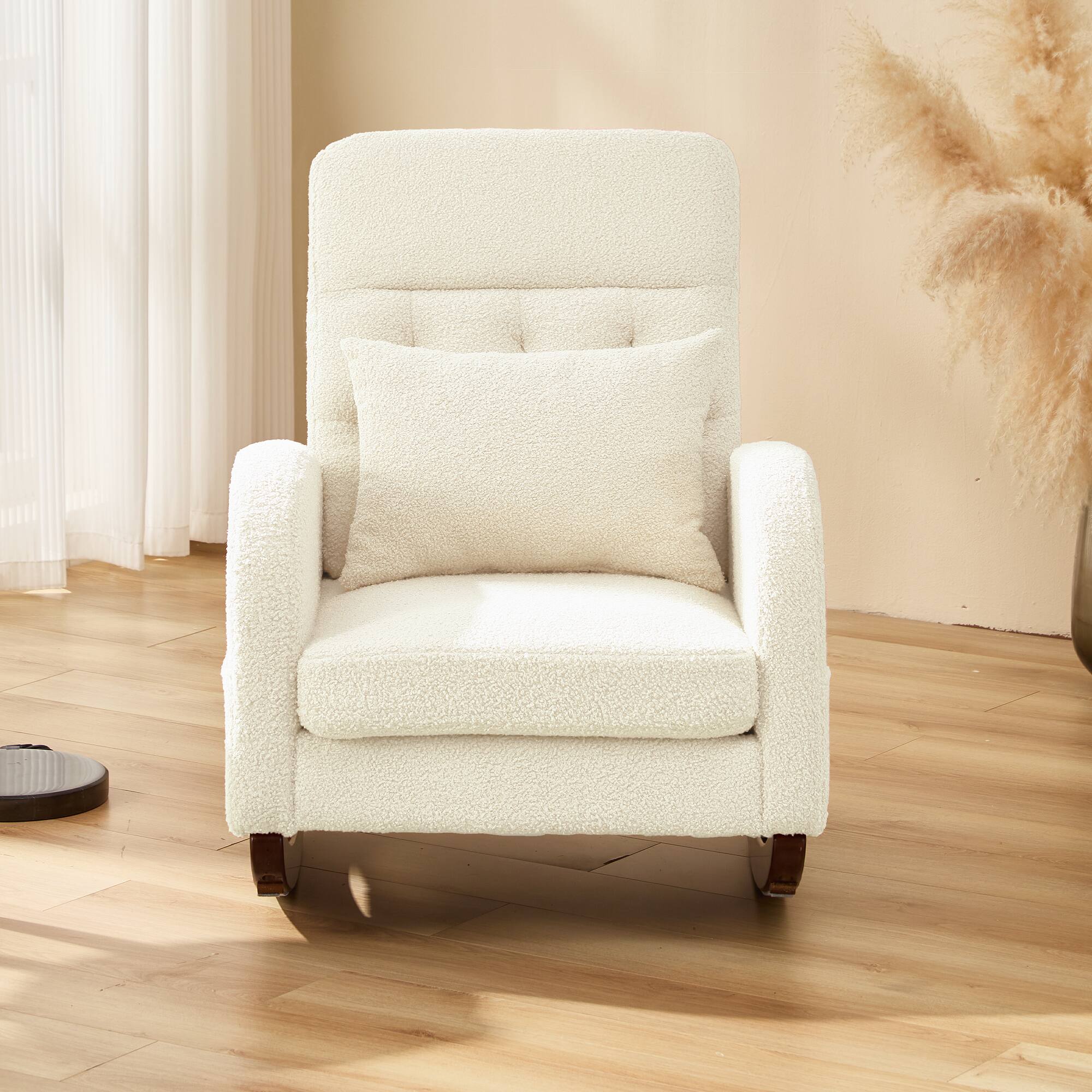 Alt View 4. U-HOMY - U-HOMY Rocking Chair, Solid Wood Glider with Ottoman, Pillow, and Blanket - Nursery and Living Room Rocker - Beige.