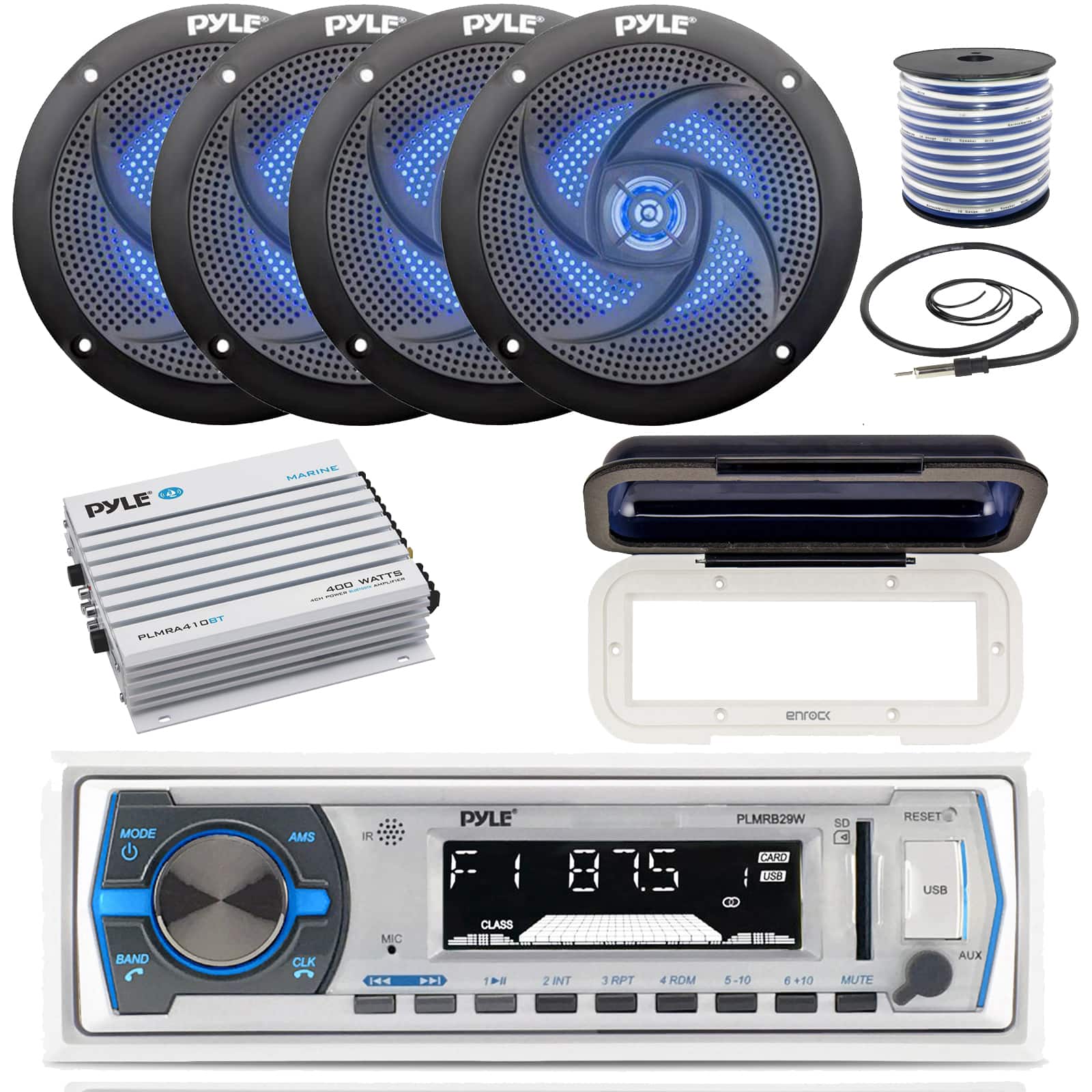 Pyle - Marine AM/FM Radio Receiver, 4x 4'' 100W Blue Light LED Speakers, Bluetooth Amplifier, Radio Shield, Wire, Antenna