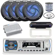 PYLE PYLE PYLE PYLE - PYLE MARINE - PLMR410BT 400 WATTS - enrock MODE BAND AMS CLK IR MIC 144 PYLE F CLASS PI 4! 375 2 INT 3 RPT 4 HOM PLMRB29W CARD Lod 5 5-10 5 +10 50 4 MUTE RESET USB AUX