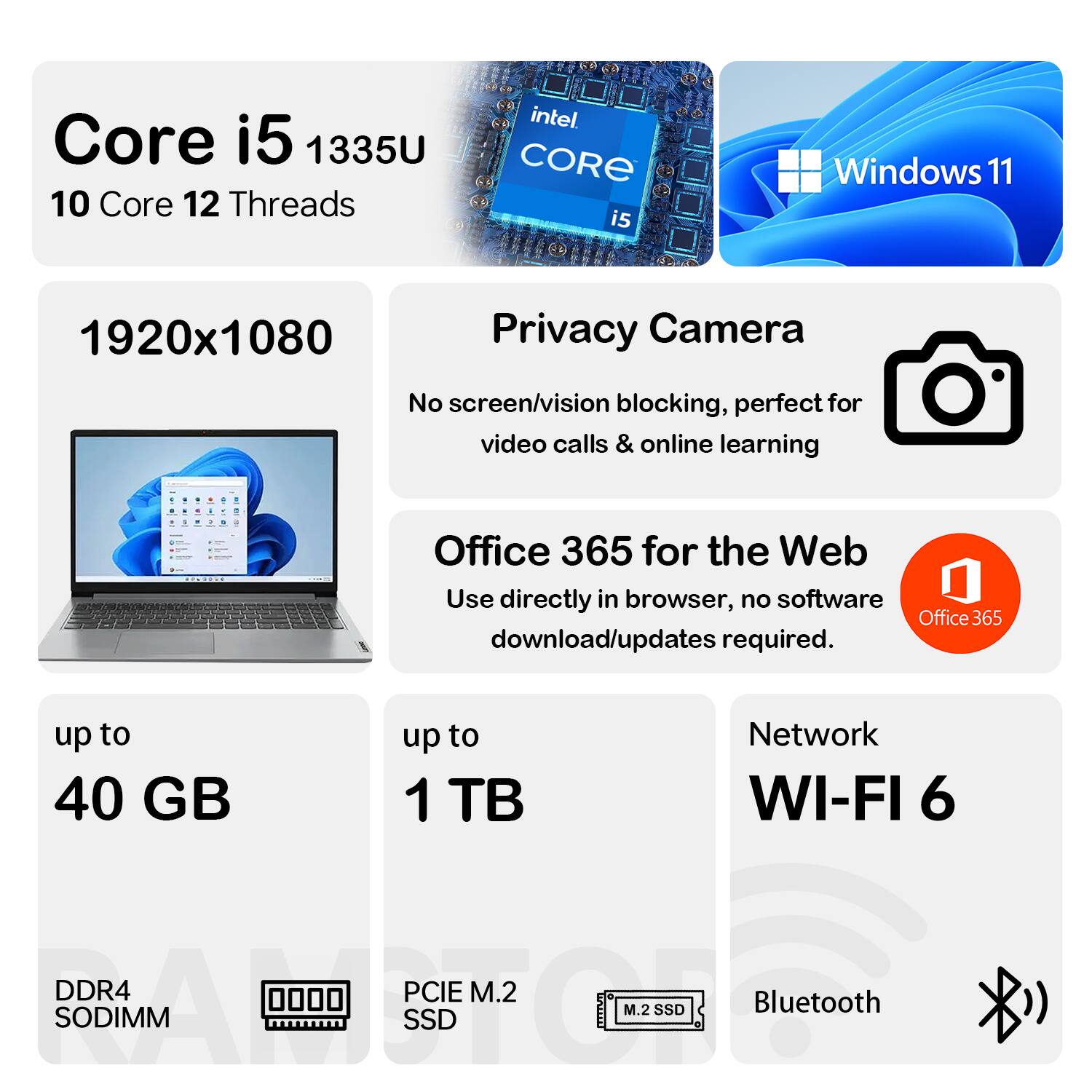 Core i5 1335U  
10 Core 12 Threads  
Intel Core i5  
Windows 11  
1920x1080  
Privacy Camera  
No screen/vision blocking, perfect for video calls & online learning  
Office 365 for the Web  
Use directly in browser, no software download/updates required  
up to 40 GB  
up to 1 TB  
Network WI-FI 6  
DDR4 SODIMM  
PCIe M.2 SSD  
Bluetooth