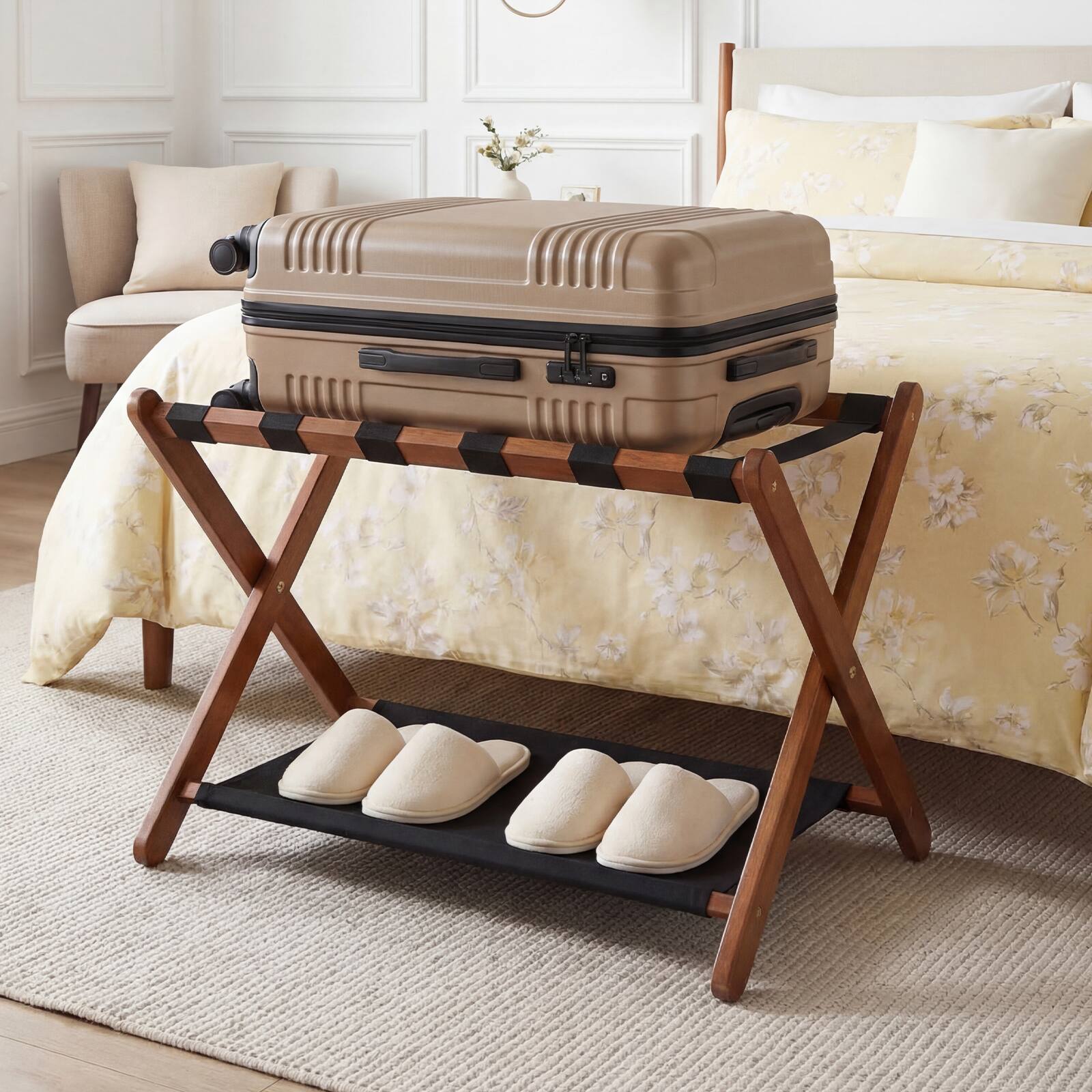 Alt View 1. Costway - Costway 2 PCS Luggage Rack, Solid Rubberwood Suitcase Stand with Nylon Shelves, Portable - Black + Brown.