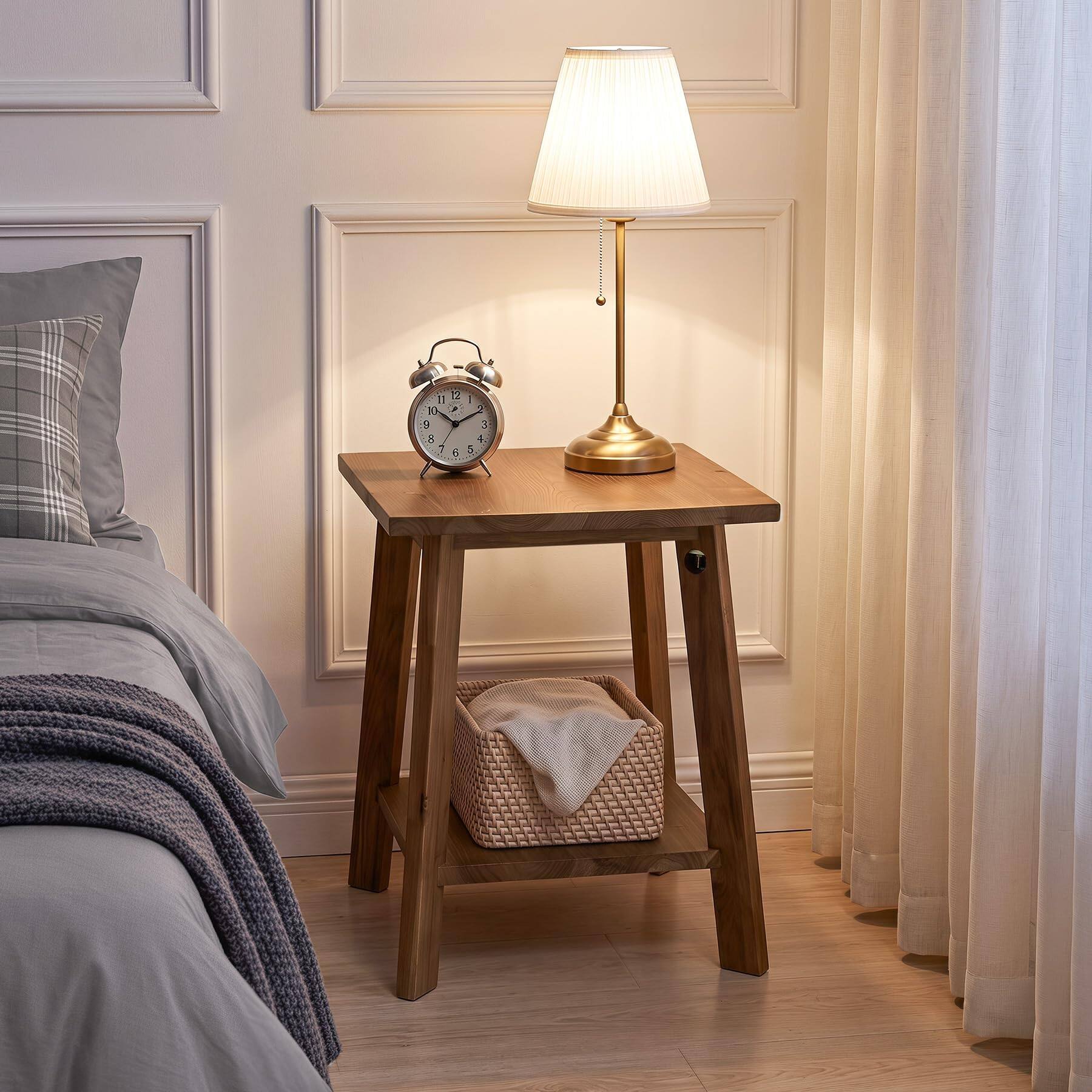 Back. Tribesigns - Solid Wood End Table, Small Side Table with 2-Tier Storage Shelf - Brown.