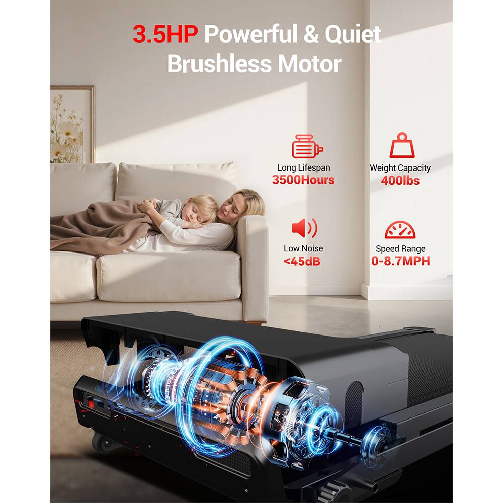 3.5HP Powerful & Quiet Brushless Motor  
- Long Lifespan: 3500 Hours  
- Weight Capacity: 400lbs  
- Low Noise: <45dB  
- Speed Range: 0-8.7MPH