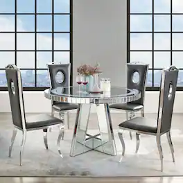 Loheer - Round Mirrored Dining Table with Crushed Diamond Glass Top and Mirrored Base - Silver