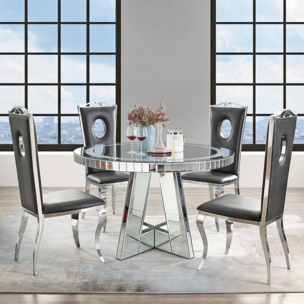 Front. Loheer - Loheer Round Mirrored Dining Table with Crushed Diamond Glass Top and Mirrored Base - Silver.