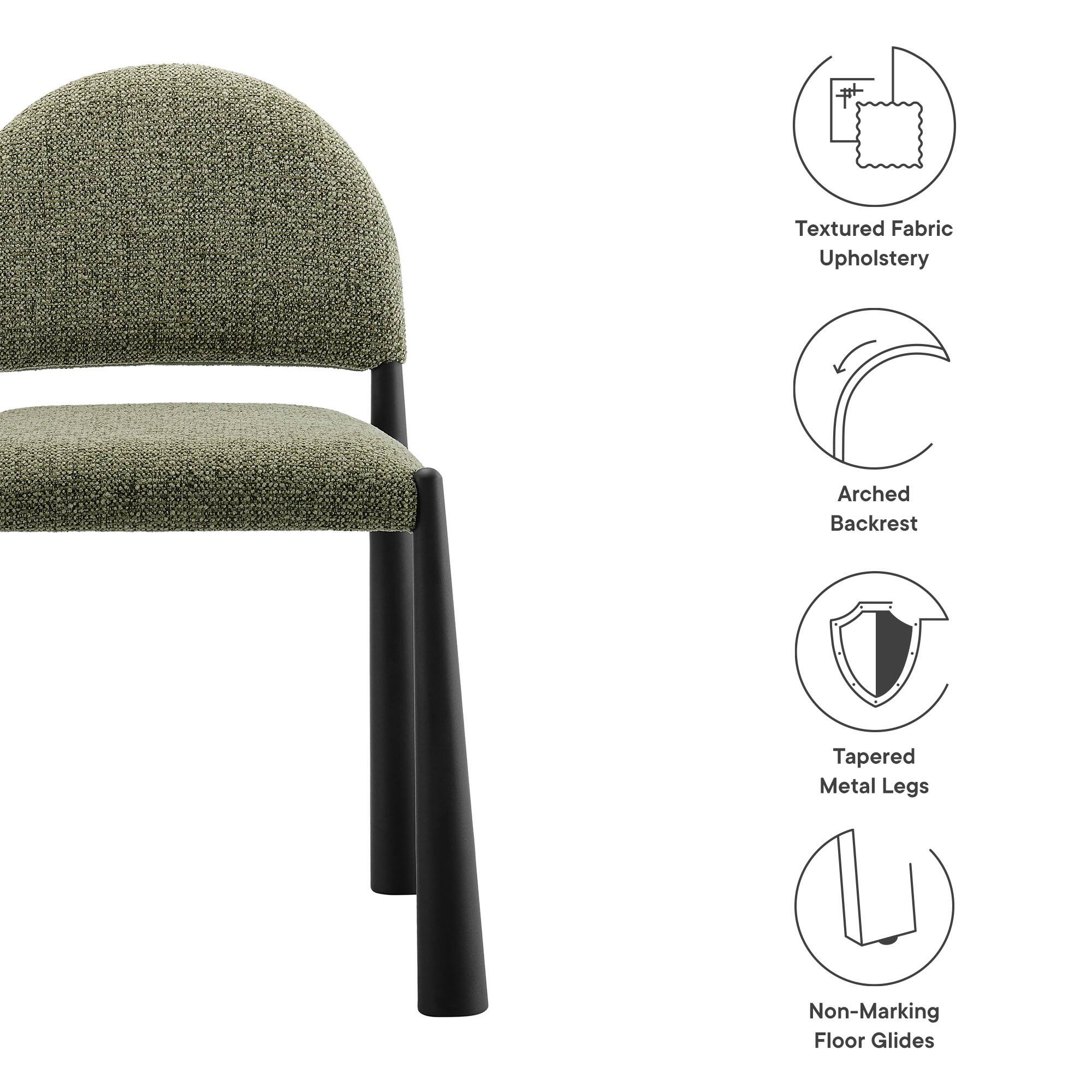 - Textured Fabric Upholstery
- Arched Backrest
- Tapered Metal Legs
- Non-Marking Floor Glides