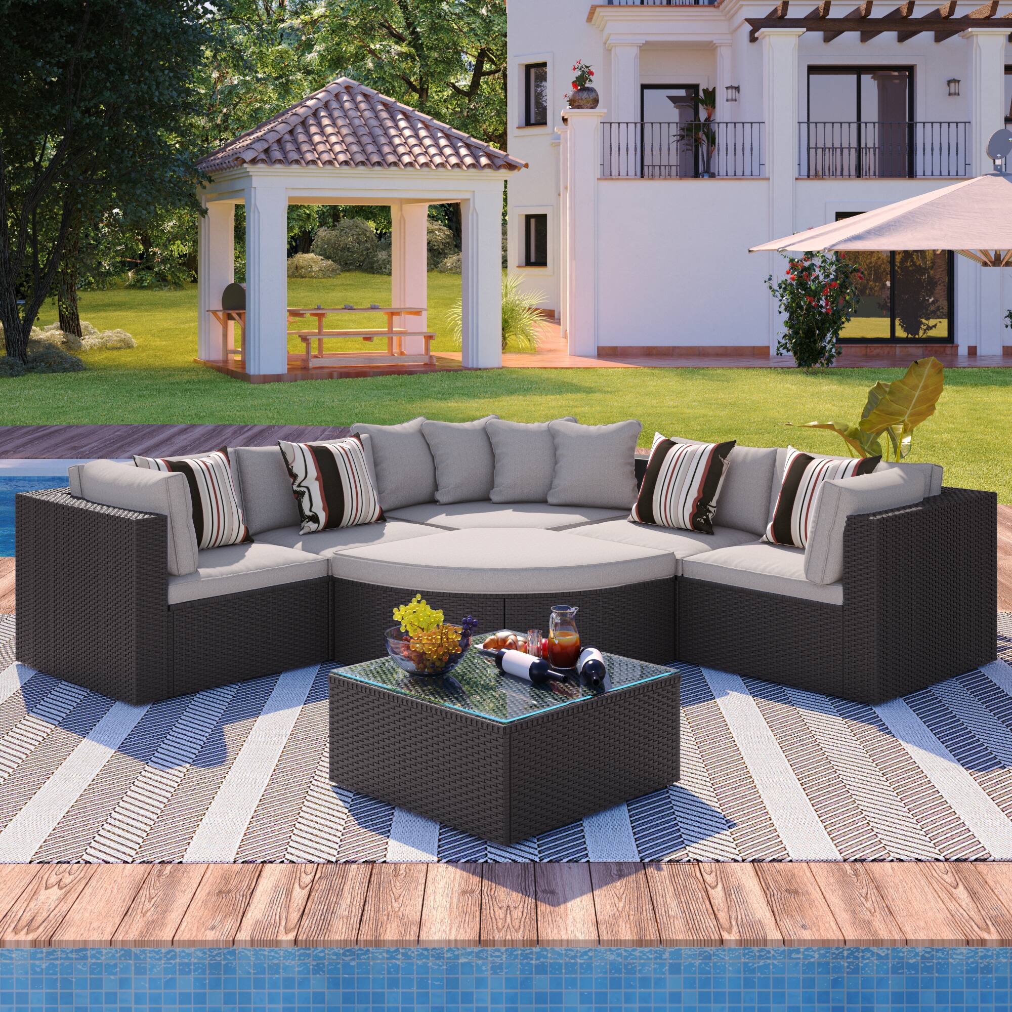 Left. Mondawe - 7-piece Outdoor Wicker Sofa Set With Colorful Pillows - Gray.