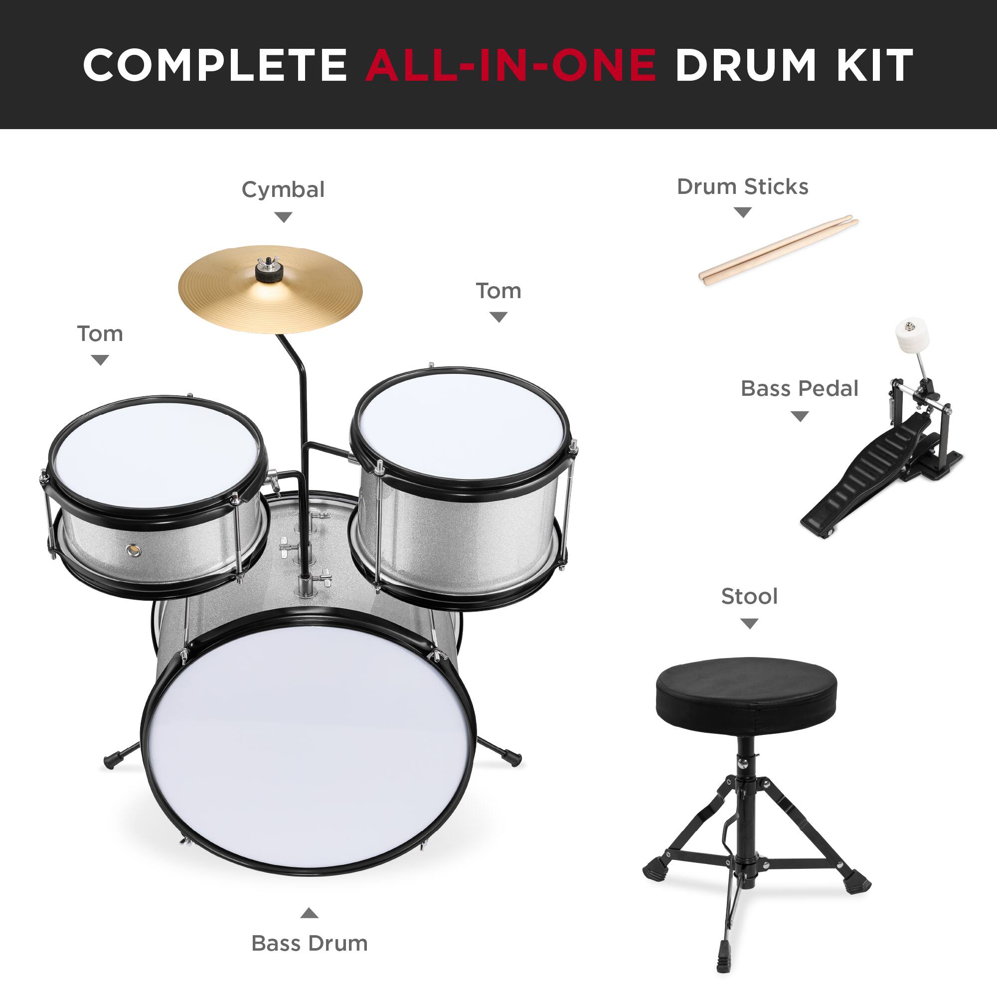 COMPLETE ALL-IN-ONE DRUM KIT

- Cymbal
- Tom
- Tom
- Bass Drum
- Drum Sticks
- Bass Pedal
- Stool