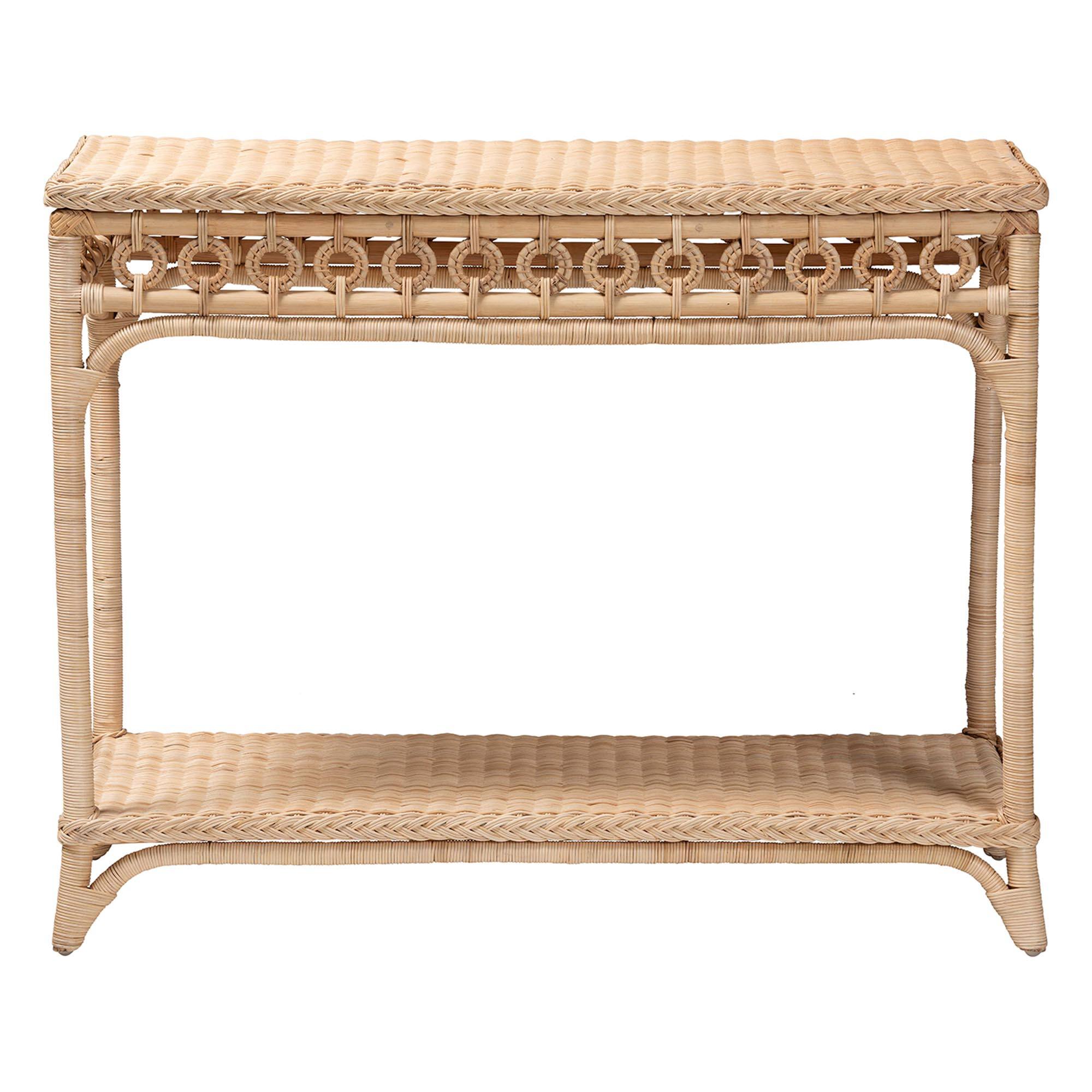 Angle. bali & pari - Oxford Braided Rattan Console Table with Open Shelf – Coastal Boho Entryway or Hallway Accent Table - Natural Brown.