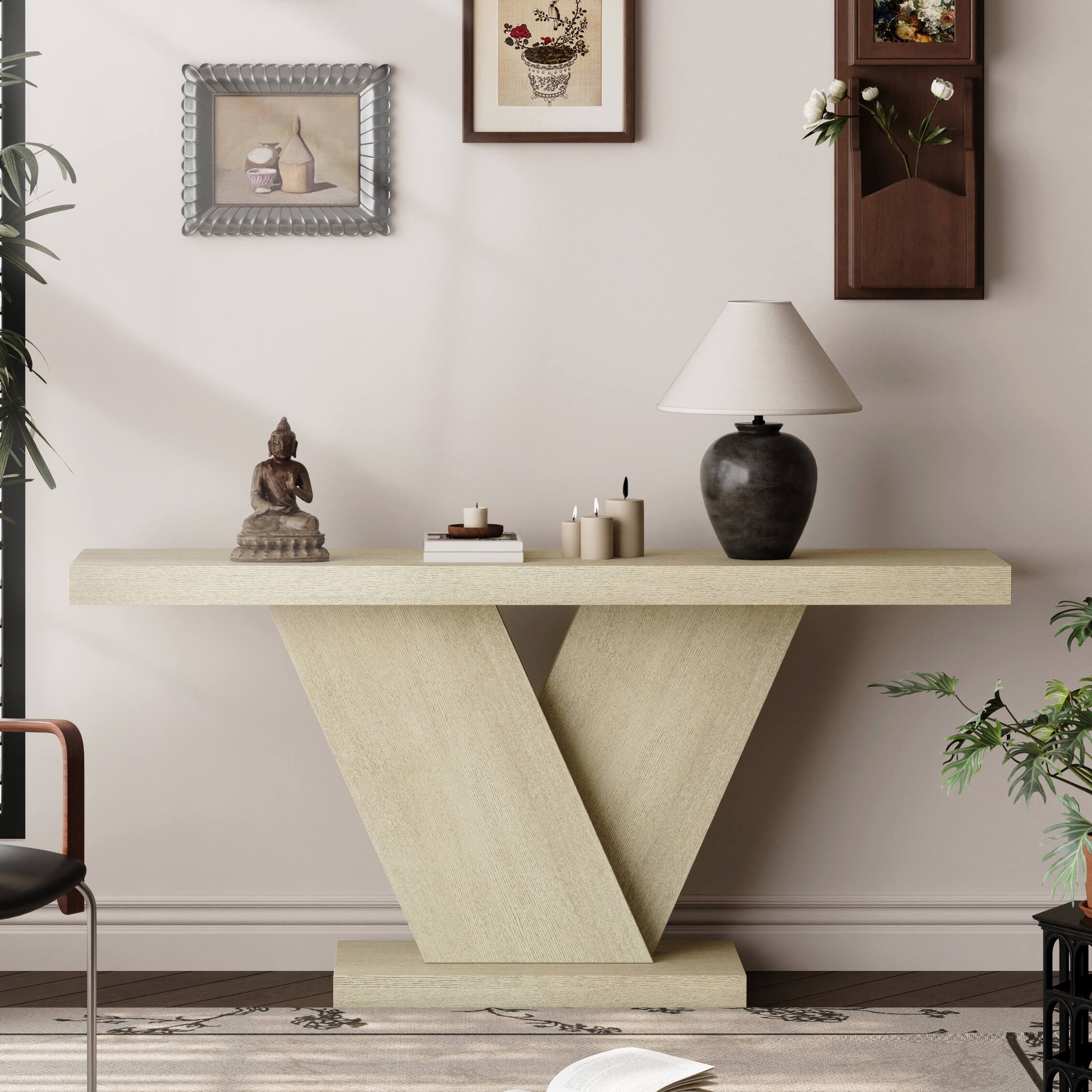 Left. Loheer - Loheer Console Table, X Leg Hallway Table for Entryway, Mid Century Narrow Sofa Table, Oak Wash, 66 Inch - Imitative Oak.