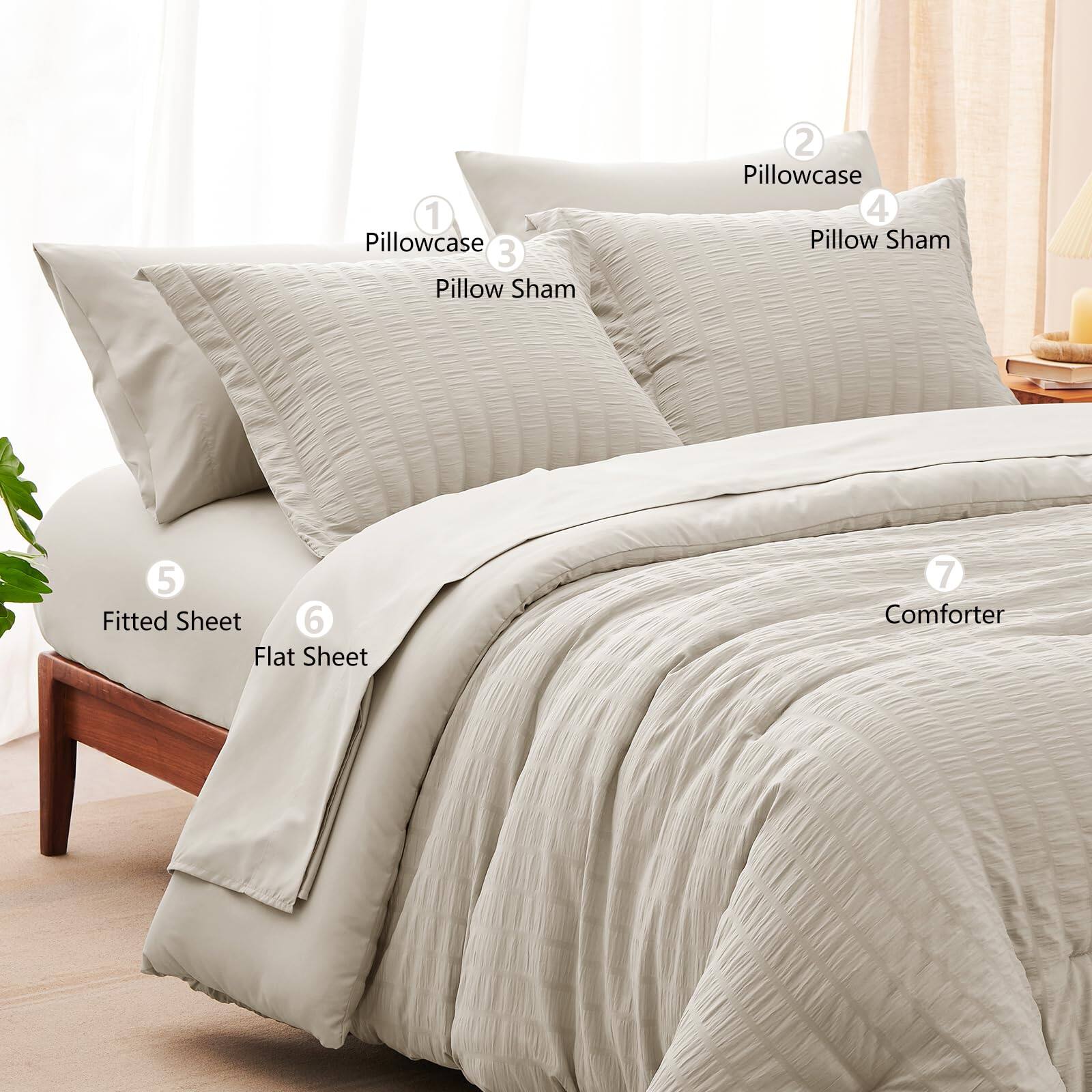 1. Pillowcase  
2. Pillowcase  
3. Pillow Sham  
4. Pillow Sham  
5. Fitted Sheet  
6. Flat Sheet  
7. Comforter