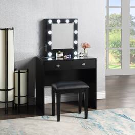 APRILSOUL - Makeup Vanity and Stool Set with 10 Lights and USB Port and Power Outlet 2x Drawers Luxurious Style Furniture - Black