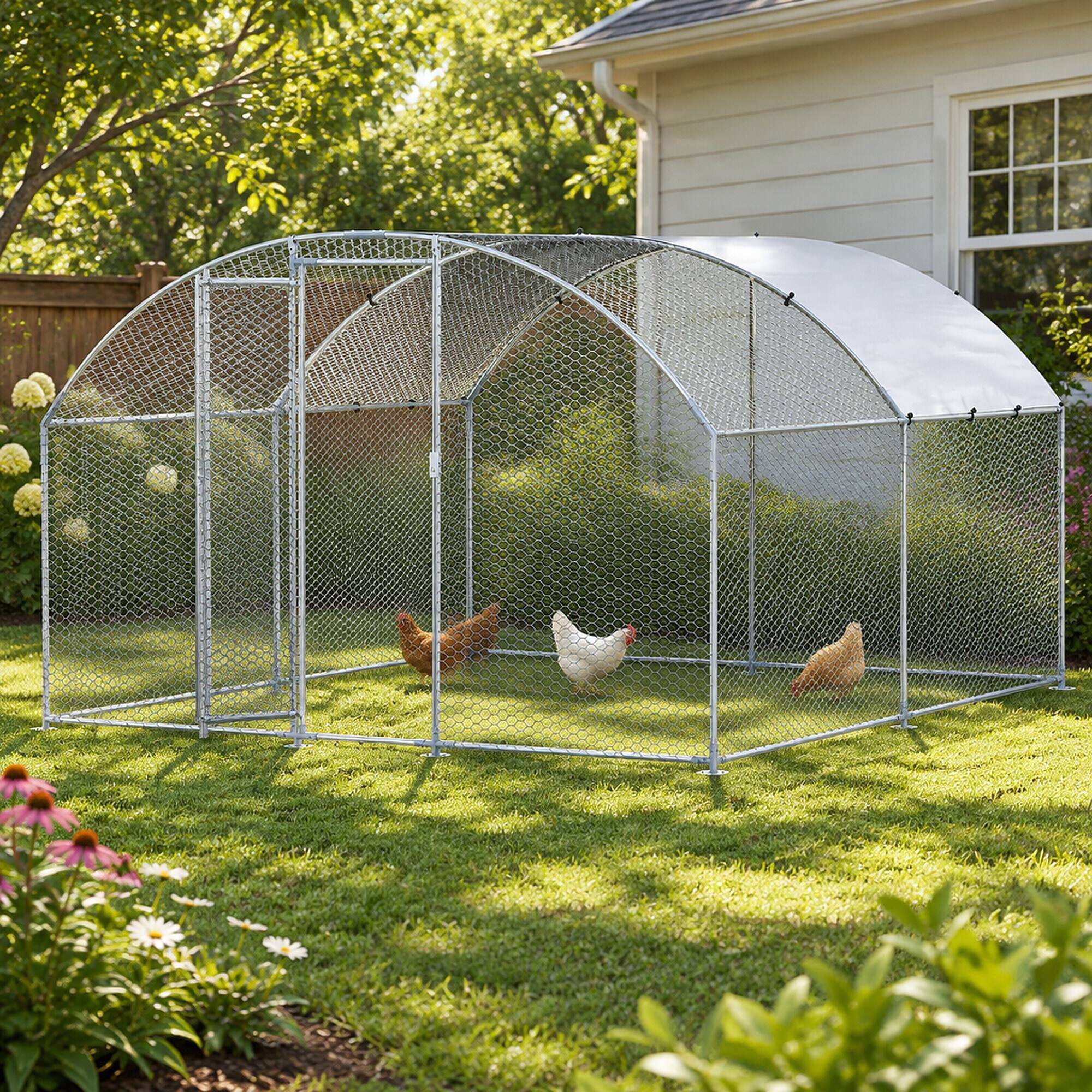 Alt View 1. RYHNUYNE - Metal Chicken Coop 9.8x13.1x6.5 ft, Walk-in Chicken Run, Galvanized Steel, PE Cover.