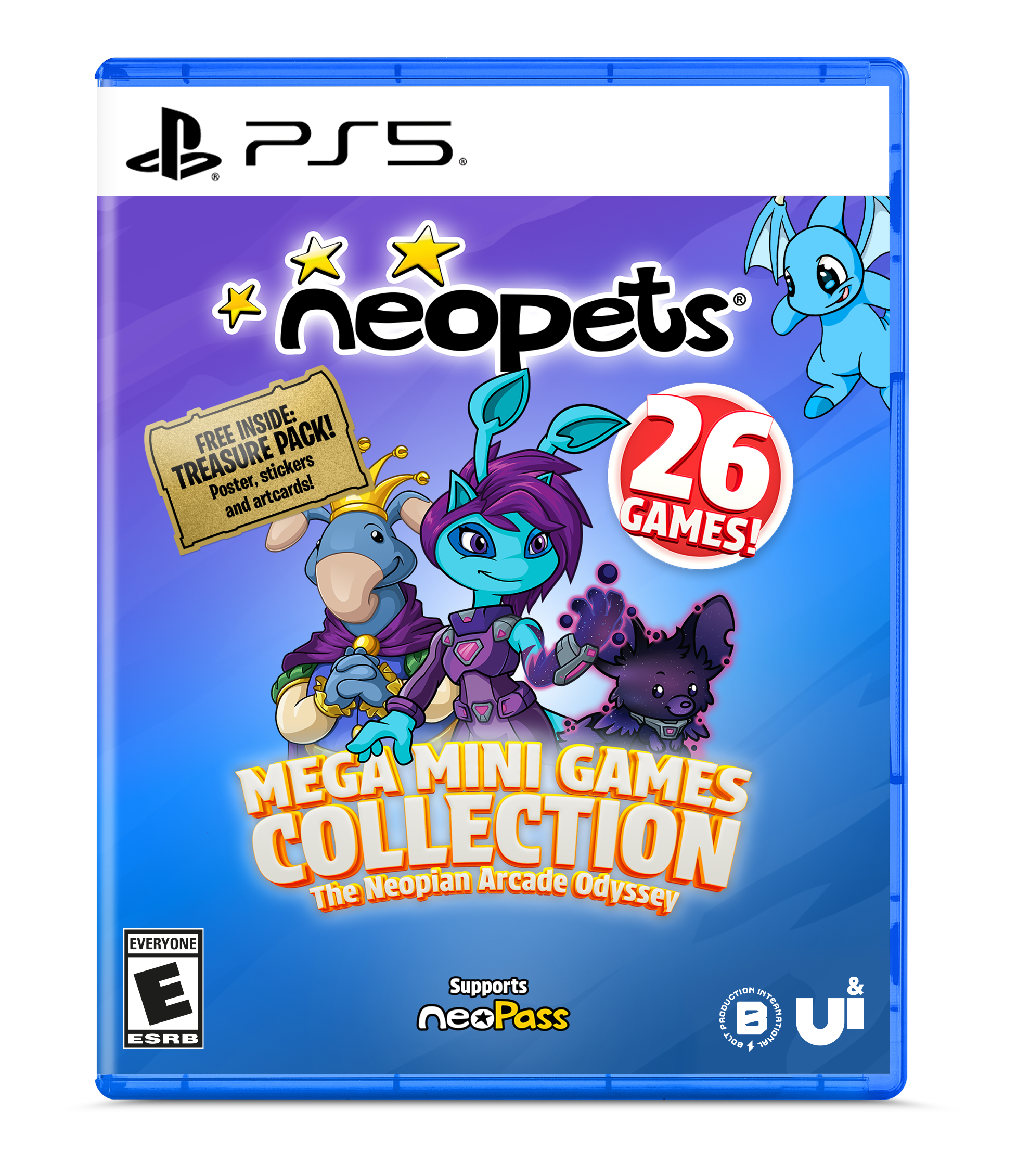 PS5.  
Neopets  
FREE INSIDE: TREASURE PACK! Poster, stickers and artcards!  
26 GAMES!  
MEGA MINI GAMES COLLECTION  
The Neopian Arcade Odyssey  
EVERYONE  
Supports neoPass  
PRODUCTION  
GON UI  
ESRB 4300
