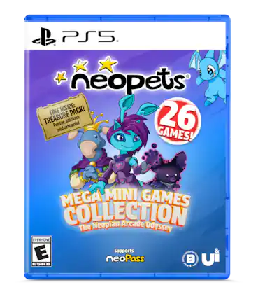 PS5.
Neopets
FREE INSIDE: TREASURE PACK! Poster, stickers and artcards!
26 GAMES!
MEGA MINI GAMES COLLECTION
The Neopian Arcade Odyssey
EVERYONE
Supports neoPass
PRODUCTION
GON UI
ESRB 4300 - RP (Rating Pending)