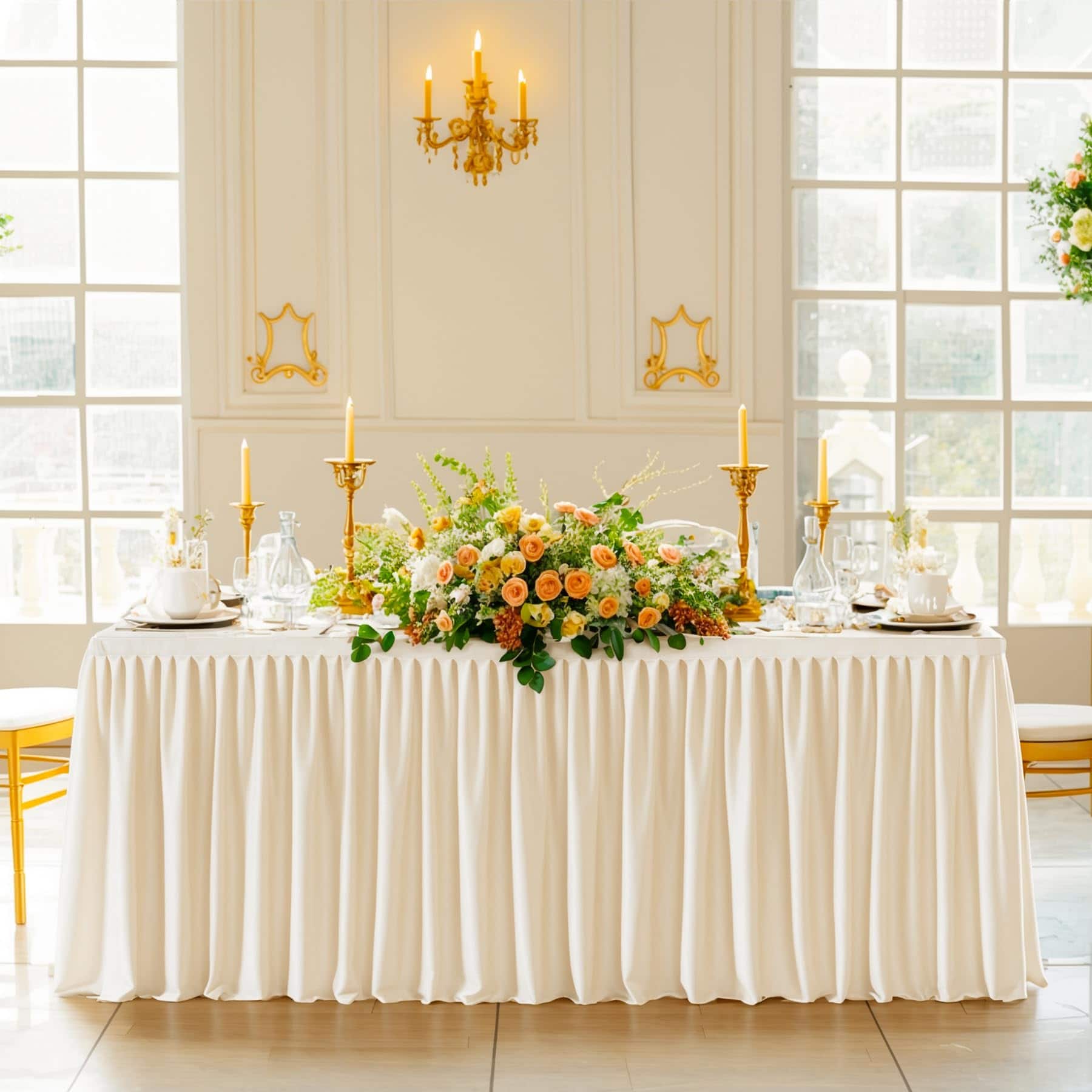 Dapper Styles - Navy Table Clothes For Rectangle Tables Wrinkle Resistant Fitted Cloth With Pleated Ruffle Skirts Banquet W - Light Champagne-96" x 30" (8FT-1 Pack)