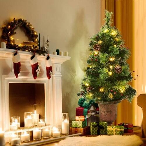 Angle. Homemark - Pre-Lit Artificial Christmas Tree with Warm White LED Lights, Pinecones & Decorative Urn Planter - Green.