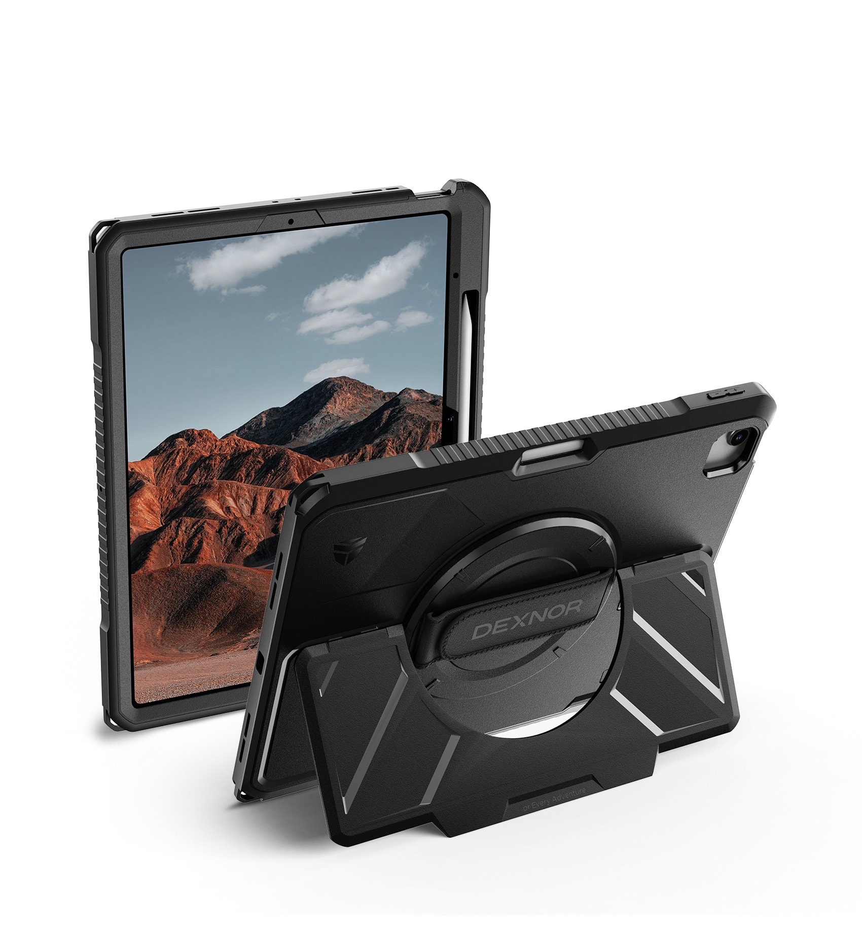 Dexnor - Case for iPad Air 13” M4/M3/M2 with 360° Rotating Hand Strap& Screen Protector Shockproof Full-Body Bumper Cover - Black
