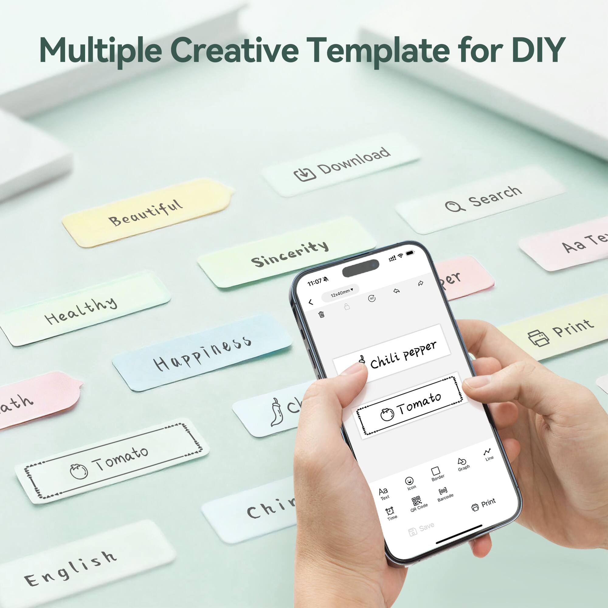 Multiple Creative Template for DIY Download Search Beautiful Aa Te Sincerity il 1:07 a er Nuednne Healthy Print Happiness Chili pepper ath Tomato N Tomato Grogin Lee Buuger Aa as M Tel  Barciode Print Chir - - to Te Save English
