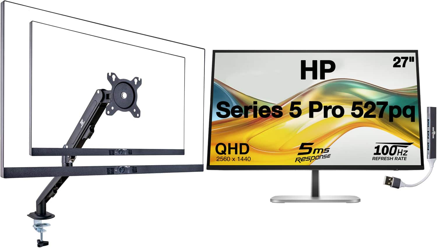HP - Series 5 Pro 527pq 27" QHD IPS Monitor, Displayport, HDMI (9D9S0UT#ABA) w/DKZ Hub & Ergoflexy Single Mount Arm - Silver/Black