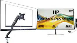HP - Series 5 Pro 527pq 27" QHD IPS Monitor, Displayport, HDMI (9D9S0UT#ABA) w/DKZ Hub & Ergoflexy Single Mount Arm - Silver/Black