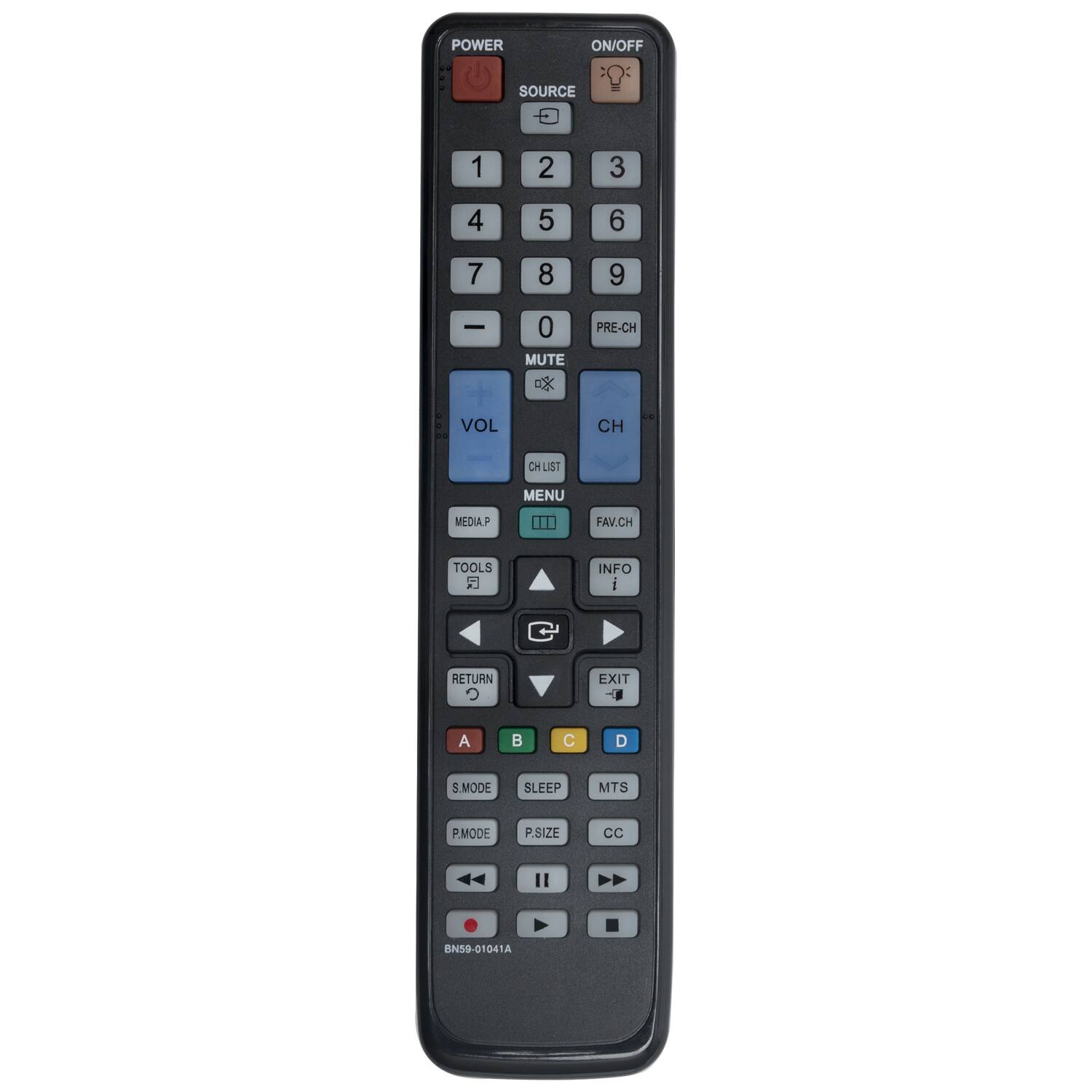 POWER ON/OFF SOURCE  
1 2 3 4 5 6 7 8 9 0  
MUTE PRE-CH VOL CH CH LIST MENU FAV.CH INFO TOOLS RETURN EXIT  
MEDIA.P C D S.MODE SLEEP MTS PMODE PSIZE CC  
BN59-01041A