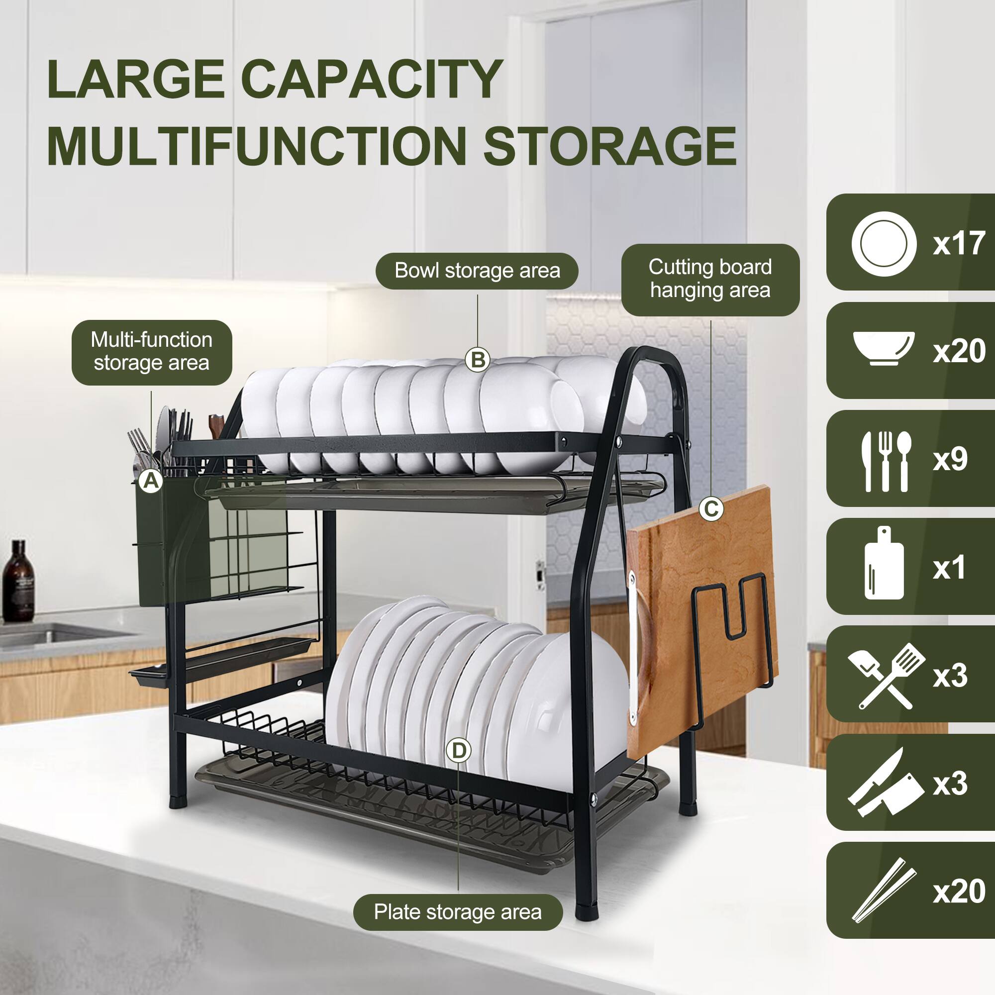 LARGE CAPACITY MULTIFUNCTION STORAGE

- Bowl storage area
- Cutting board hanging area
- Multi-function storage area
- Plate storage area

x17
x20
x9
x1
x3
x3
x20