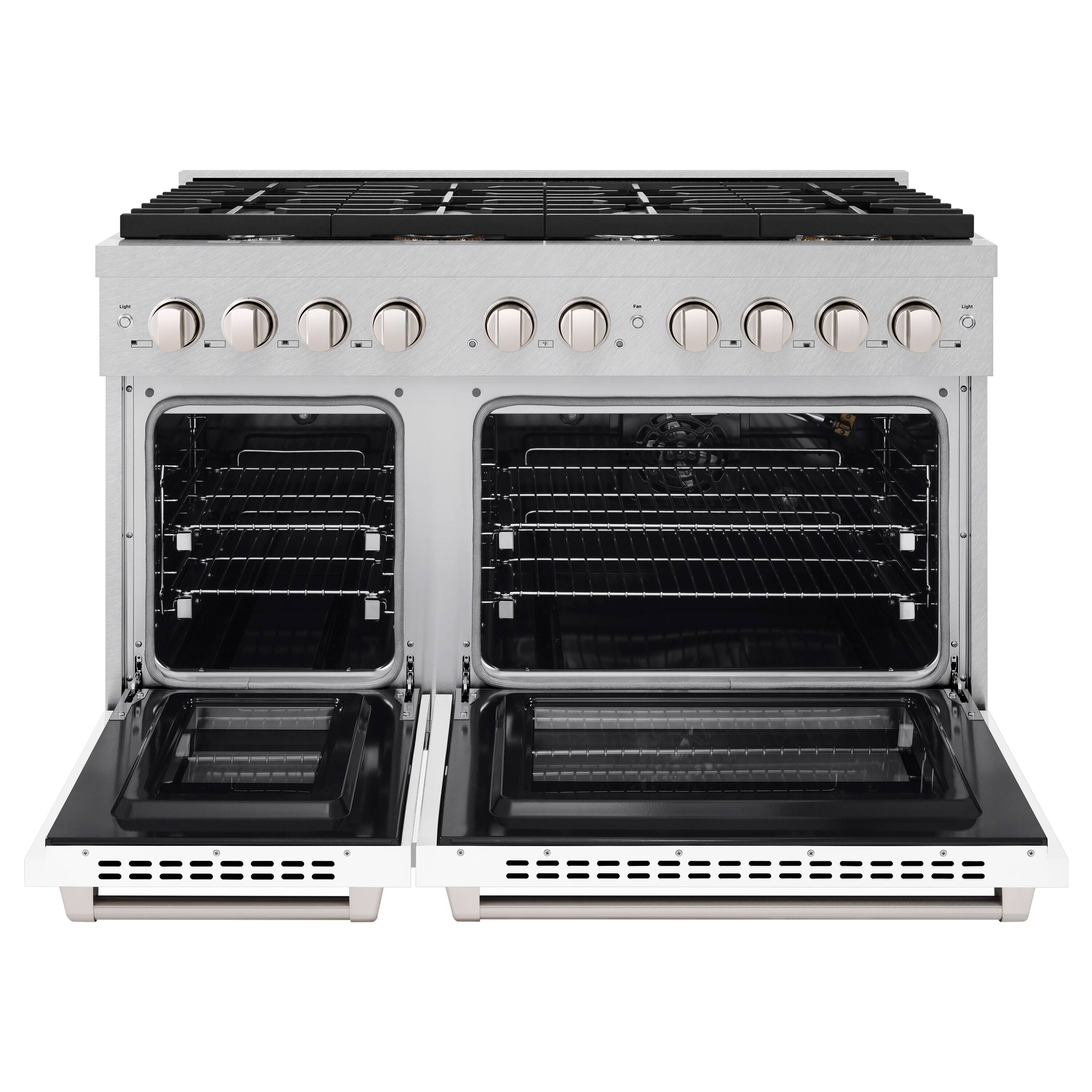 Angle. ZLINE - ZLINE 48 in. Paramount Satin Double Oven Gas Range with 8 Burners (SGRS-WM-48) - Satin Steel/White Matte.