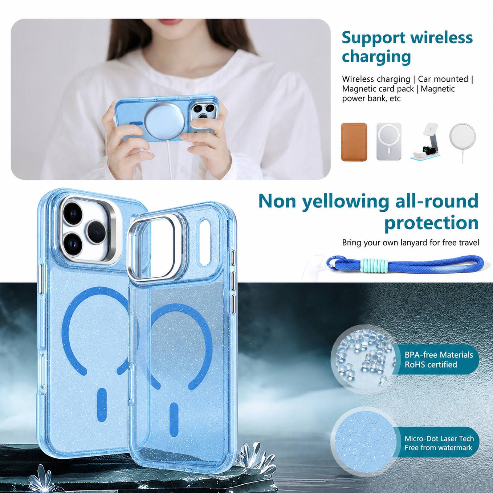 Support wireless charging  
Wireless charging | Car mounted | Magnetic card pack | Magnetic power bank, etc  

Non yellowing all-round protection  
Bring your own lanyard for free travel  

BPA-free Materials  
RoHS certified  

Micro-Dot Laser Tech  
Free from watermark