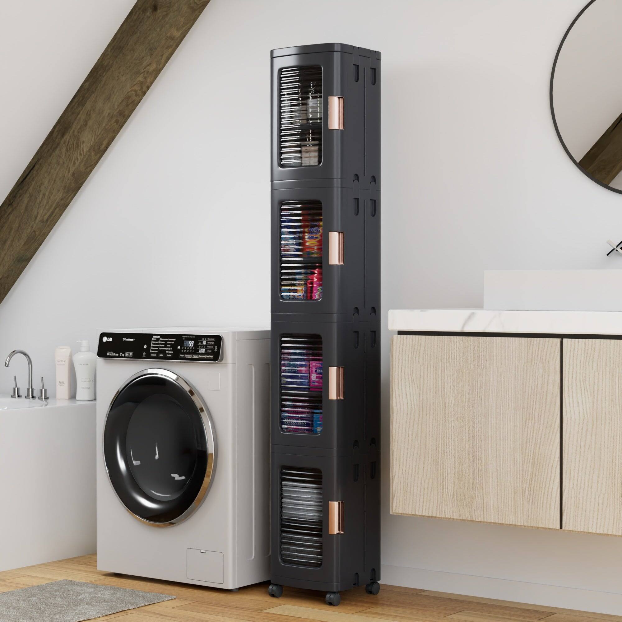 Front. Vecelo - Slim Bathroom Floor Storage Cabinet, Bathroom Storage Cabinet, Freestanding Bathroom Cabinet, Foldable Storage Unit - Black.