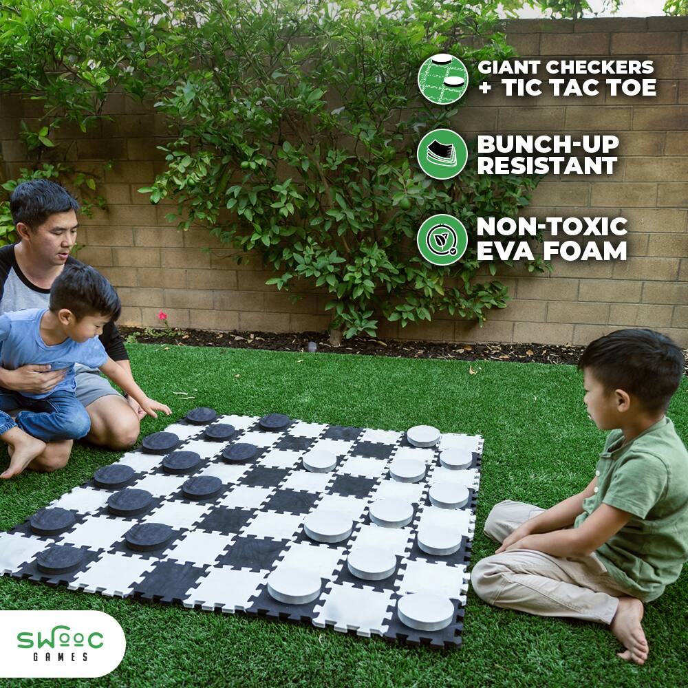 GIANT CHECKERS + TIC TAC TOE  
BUNCH-UP RESISTANT  
NON-TOXIC EVA FOAM  
SWOOC GAMES