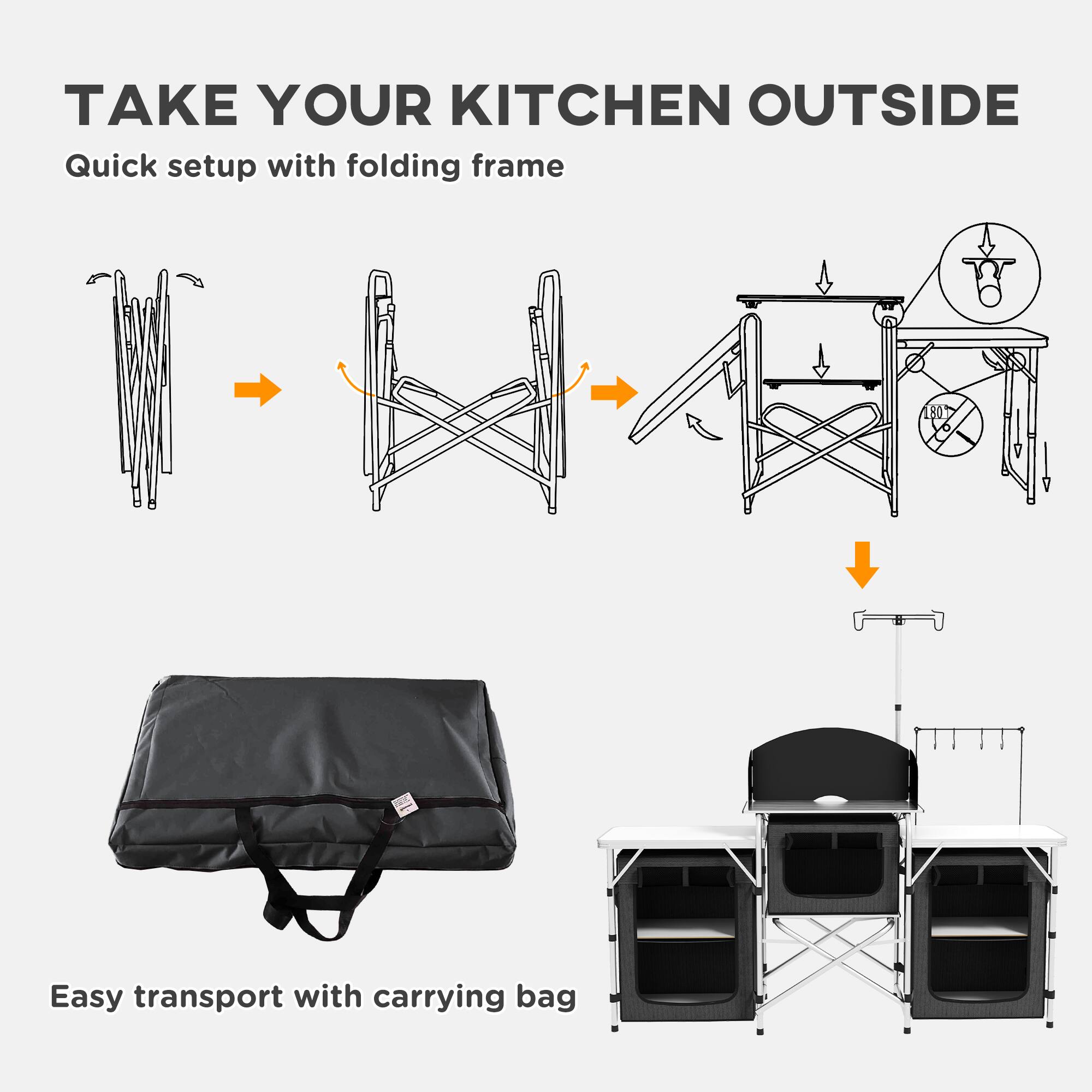 TAKE YOUR KITCHEN OUTSIDE

Quick setup with folding frame

Easy transport with carrying bag