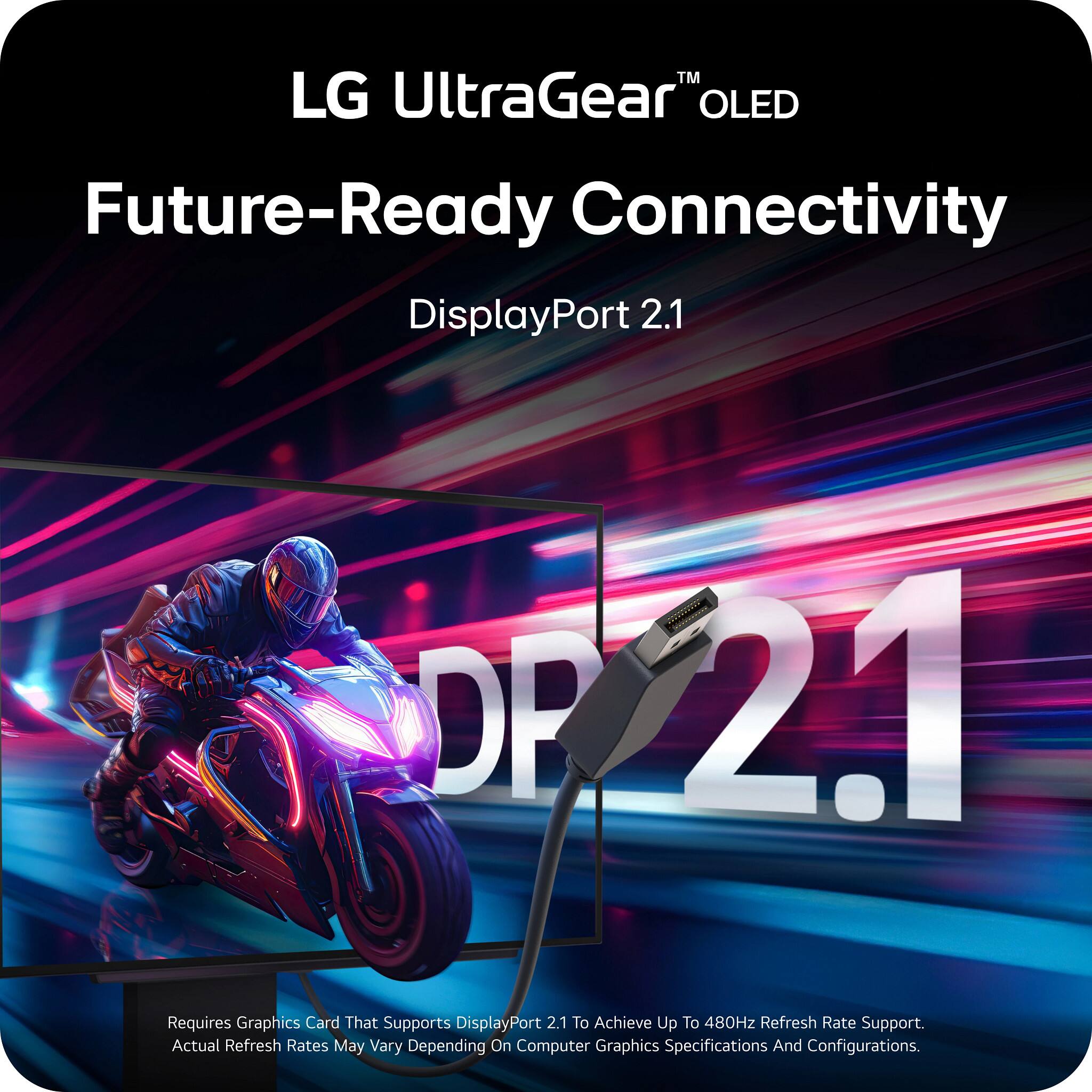 LG UltraGear™ OLED  
Future-Ready Connectivity  
DisplayPort 2.1  

Requires Graphics Card That Supports DisplayPort 2.1 To Achieve Up To 480Hz Refresh Rate Support. Actual Refresh Rates May Vary Depending On Computer Graphics Specifications And Configurations.