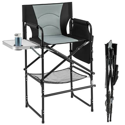 Front. Gymax - Gymax 46'' Tall Directors Chair w/ Foldable Side Table & Footrest Extra Cup Holder - Black, Gray.