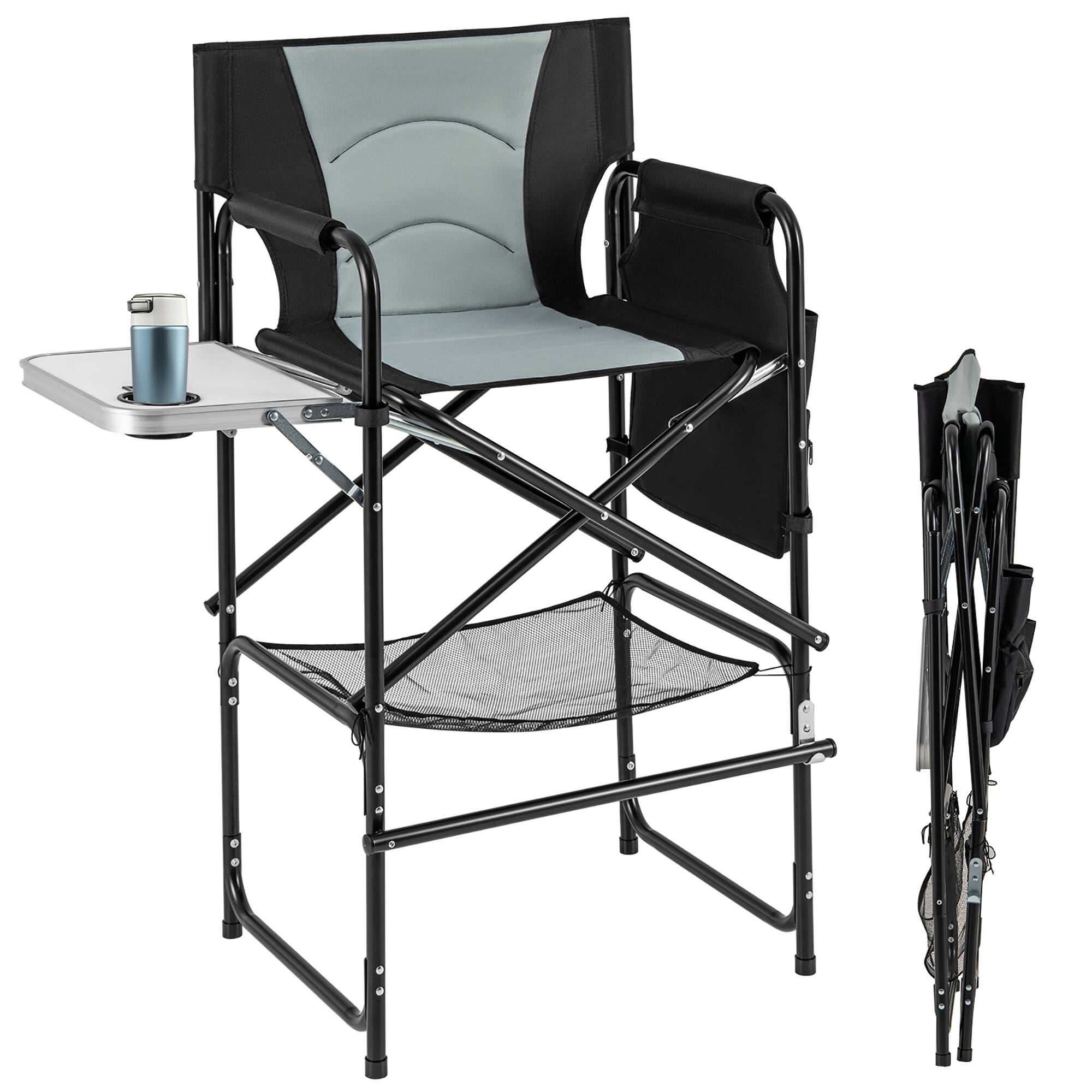 Front. Gymax - Gymax 46'' Tall Directors Chair w/ Foldable Side Table & Footrest Extra Cup Holder - Black, Gray.
