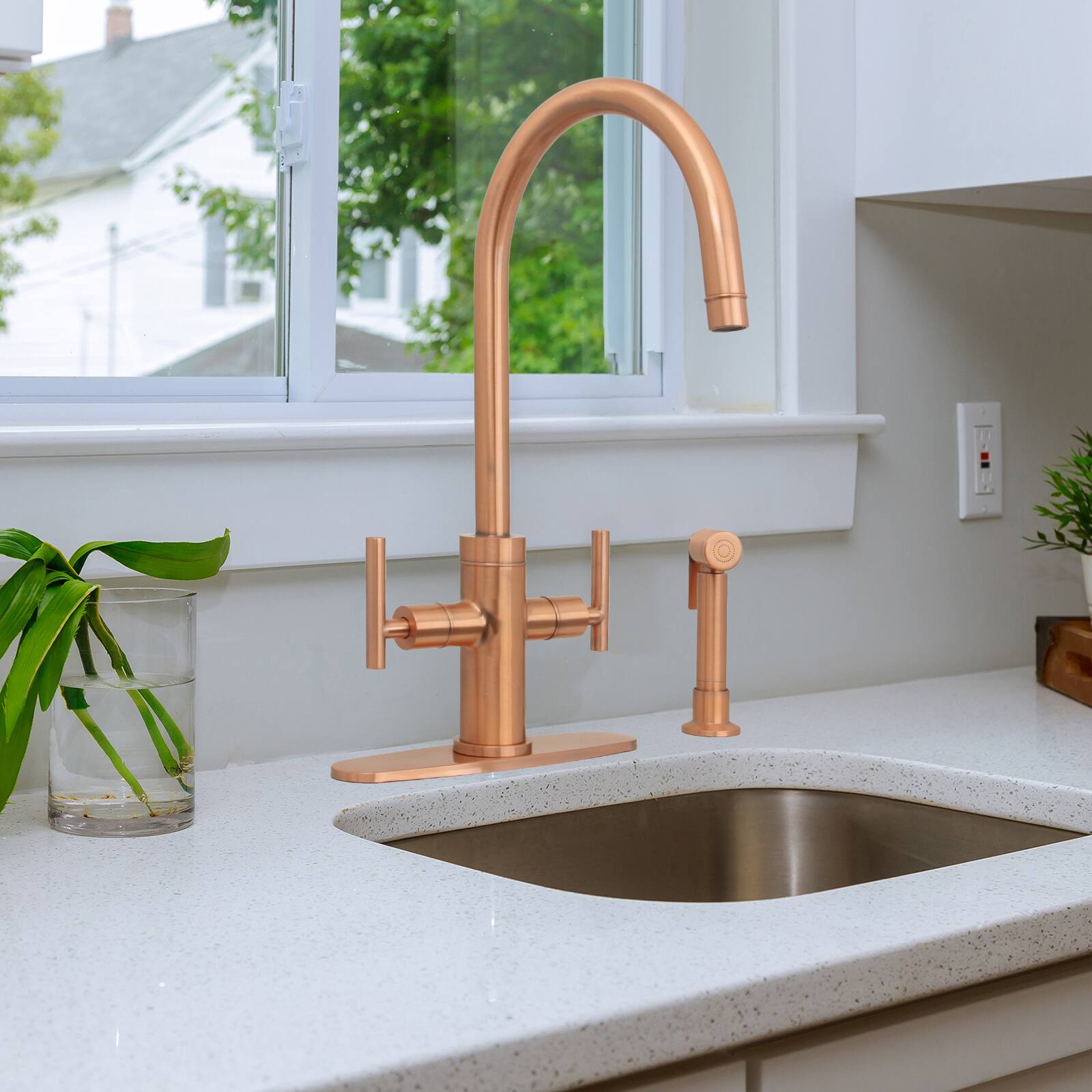 Alt View 5. Akicon - Akicon Two-Handles 360° Swivel Widespread Kitchen Faucet with Side Sprayer in Copper - Copper.