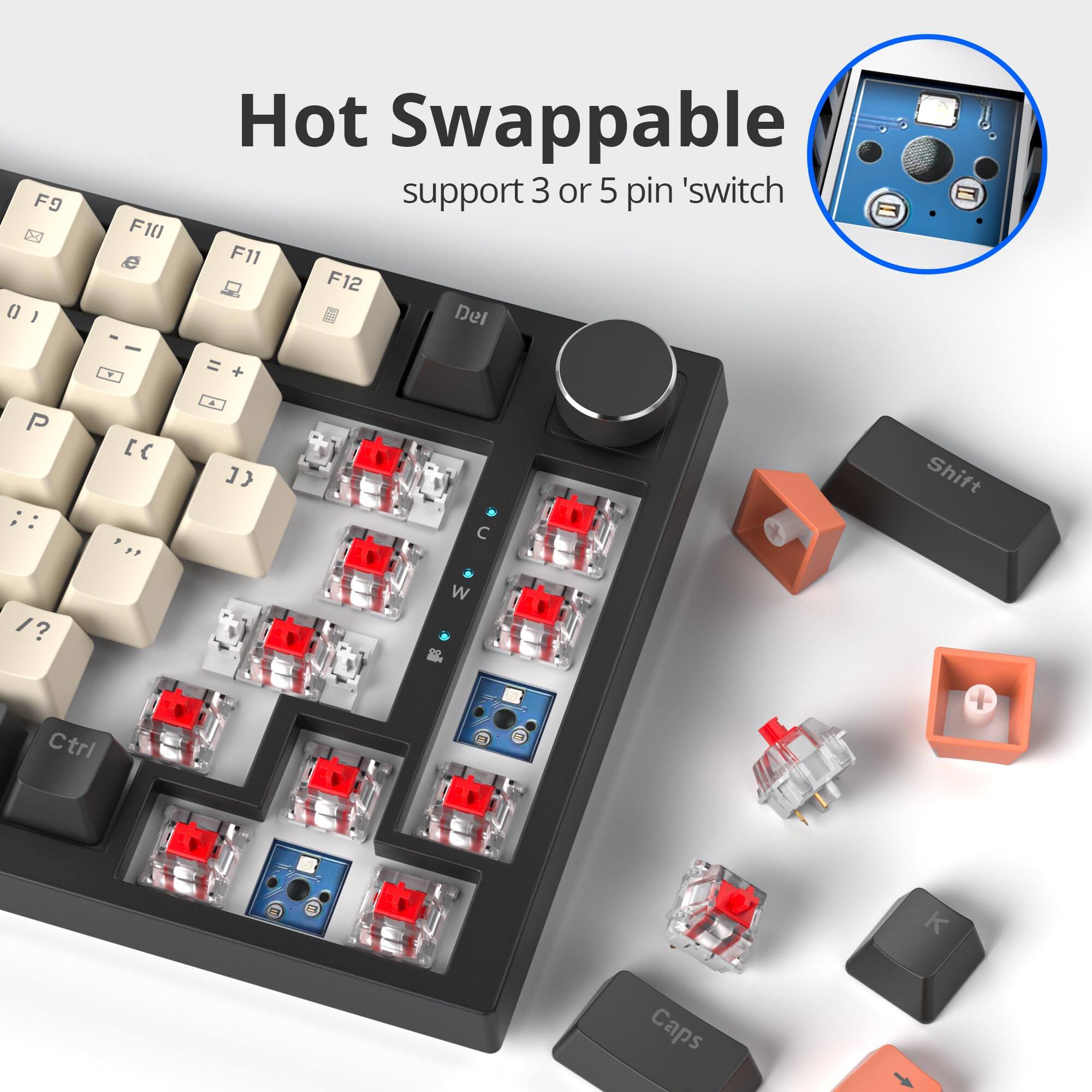 Hot Swappable  
support 3 or 5 pin 'switch  

F9 F10 F11 F12  
Del = + ;: [C ,,.  
Shift /? W & Ctrl  
Caps