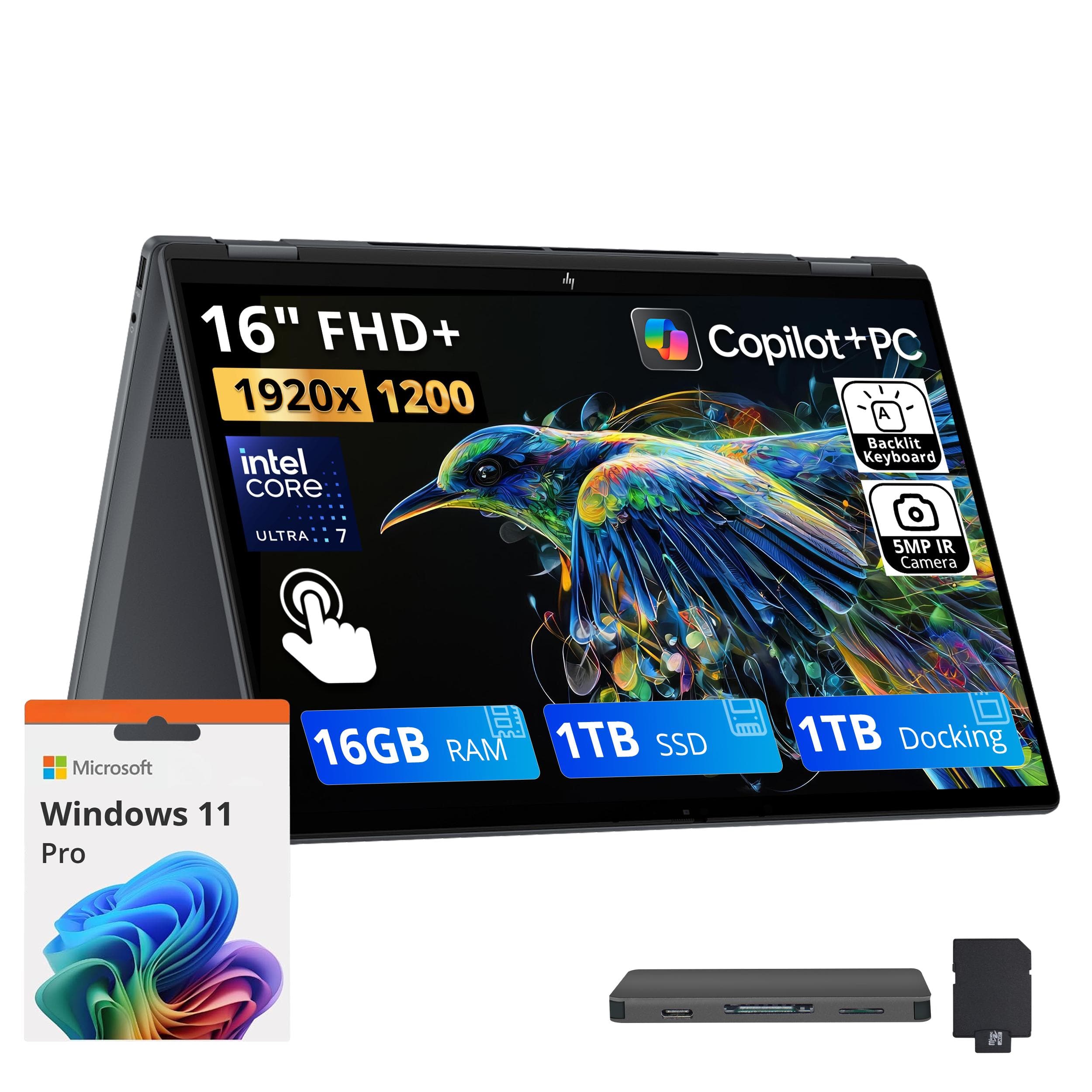 "HP - Upgraded - OmniBook X Flip 2-in-1 16"" Touch AI Laptop,Intel Ultra 7 256V,16GB RAM,1TB SSD+1TB Dock Set,Backlit,Win 11 Pro - Gray" price history on PriceWatchPro