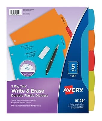 Avery - Big Tab Write & Erase Plastic Dividers, 5 Tabs, Bright - Multicolor