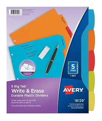5 Big Tab Write & Erase Durable Plastic Dividers
Write, erase and re-use with ballpoint pen or pencil
Ultra durable tear resistant plastic
AVERY 16129
For the complete line of Avery Dividers go to avery.com/dividers