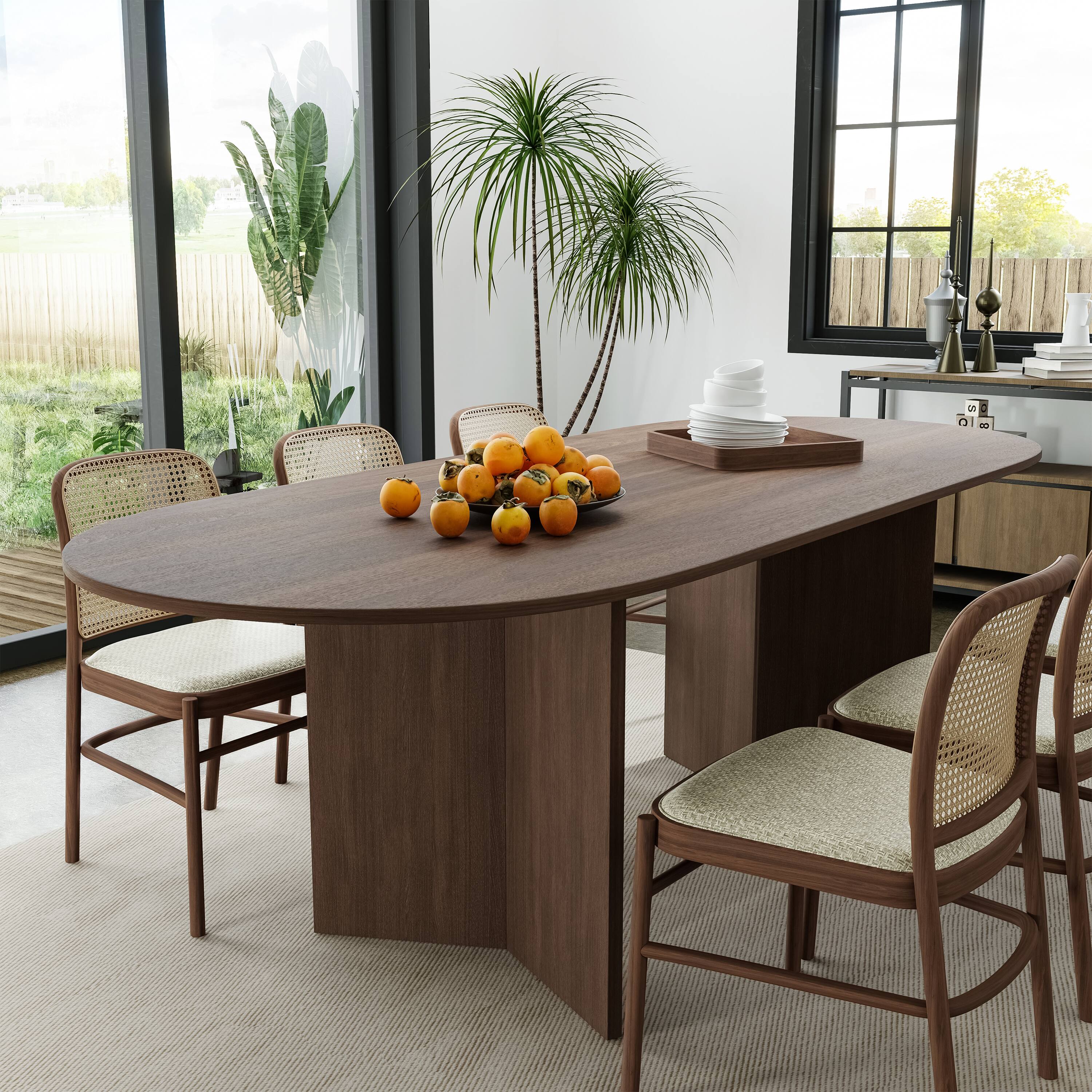 Alt View 1. PexFix - Minimalist Farmhouse Oak Dining Table | Oval Solid Wood, Double Pedestal Base for 8, 79-Inch - Walnut.
