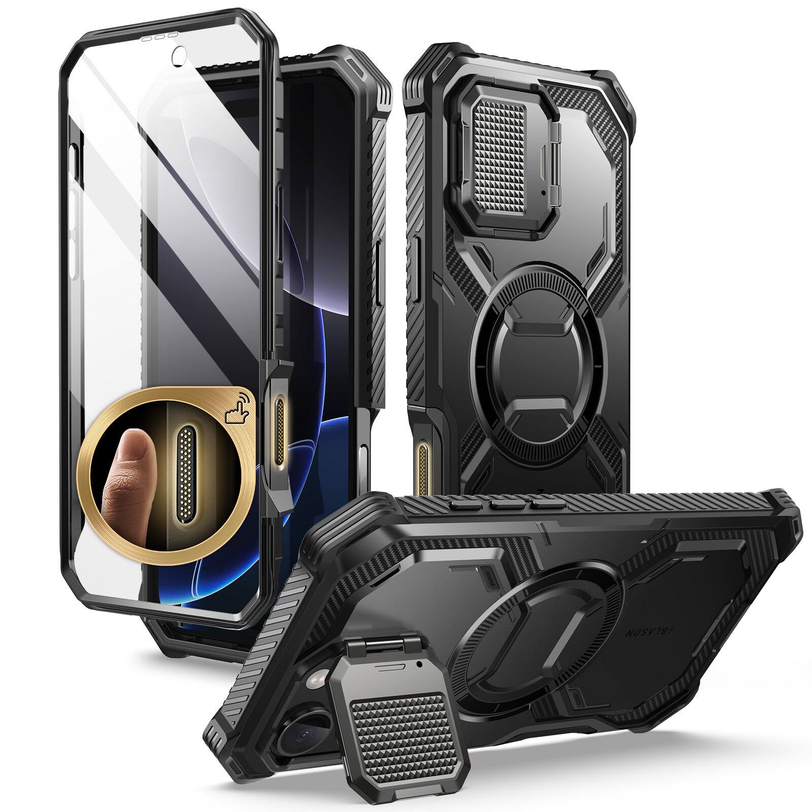 Angle. i-Blason - i-Blason Armorbox Case for iPhone 16 Pro – MagSafe, Kickstand, Screen Protector, Military-Grade - Black.
