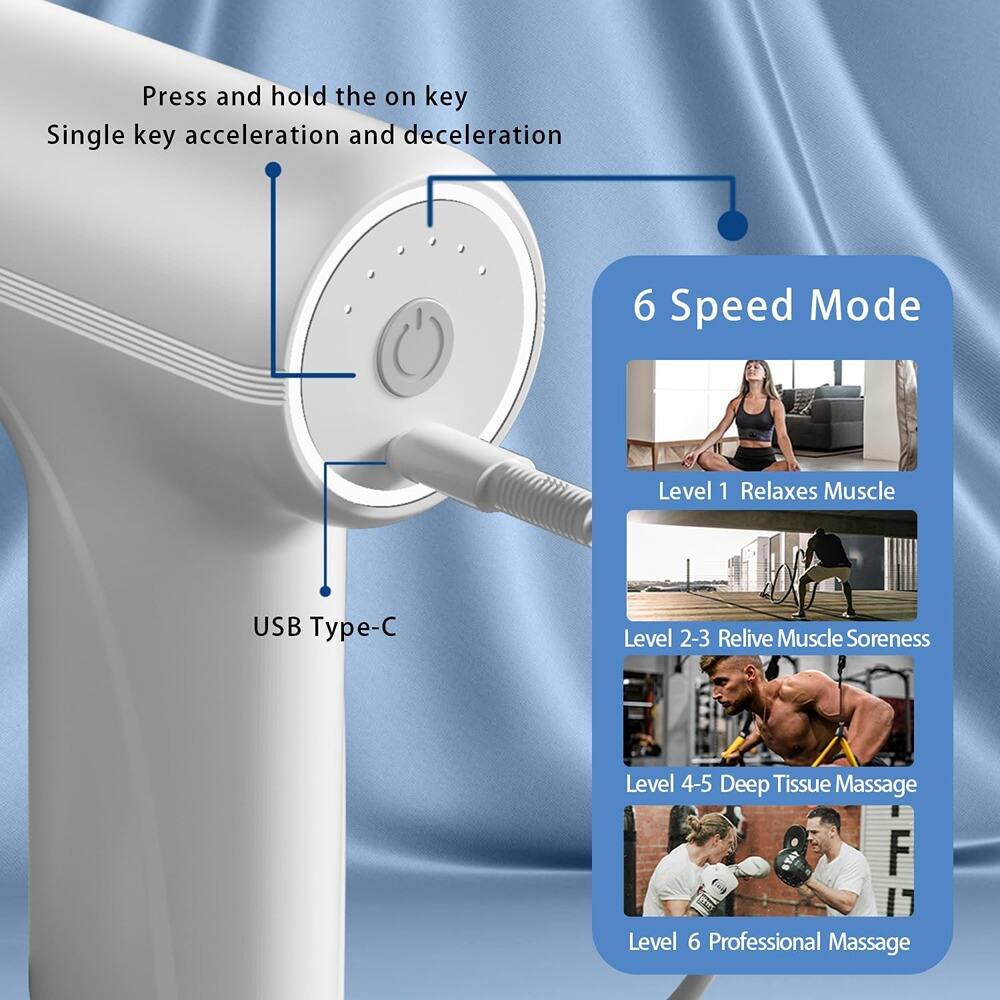 Press and hold the on key  
Single key acceleration and deceleration  

USB Type-C  

6 Speed Mode  
Level 1: Relaxes Muscle  
Level 2-3: Relieve Muscle Soreness  
Level 4-5: Deep Tissue Massage  
Level 6: Professional Massage