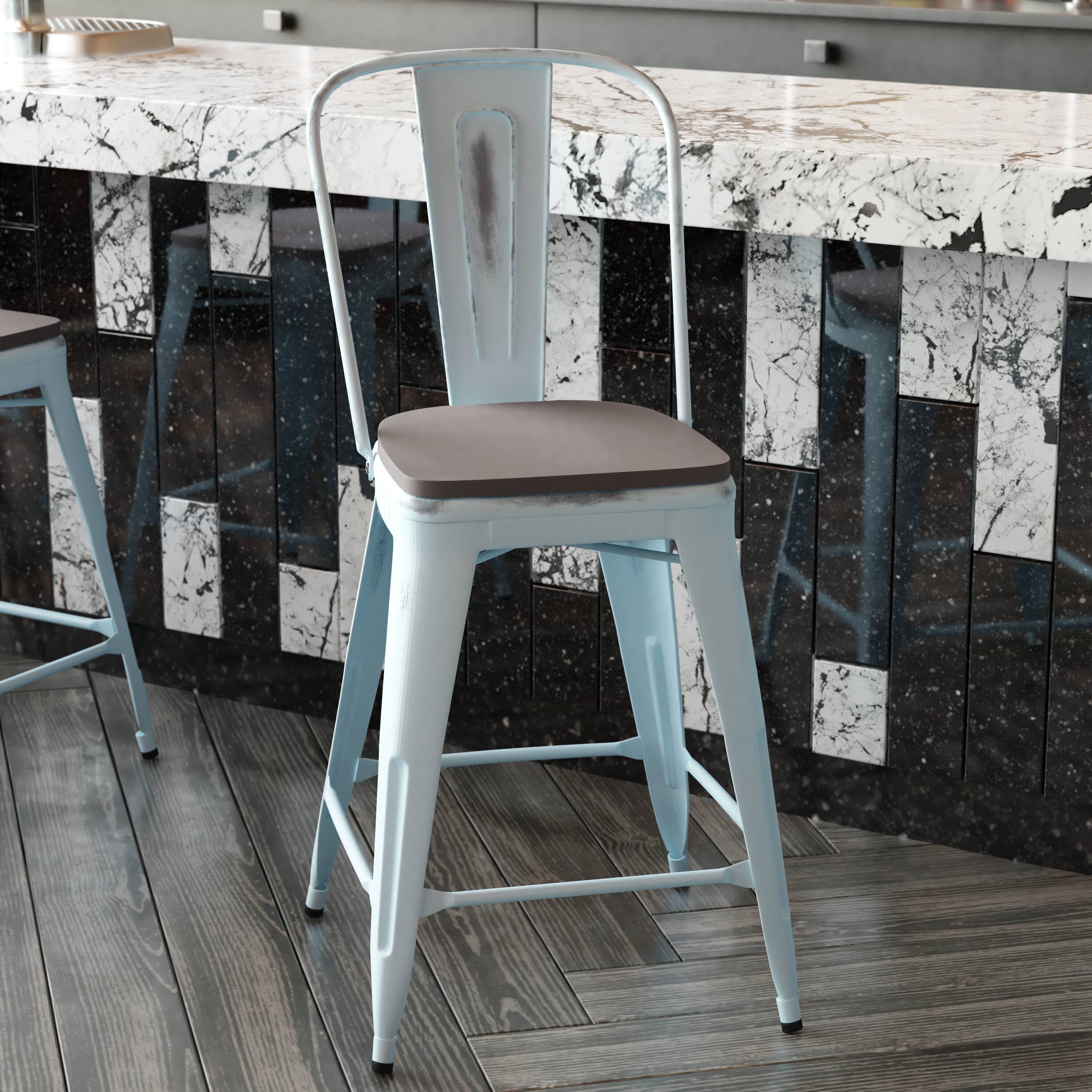 Alt View 4. Emma + Oliver - Nova Distressed Metal Stools with Backs and Polystyrene Seats for Indoor/Outdoor Use - Gray Seat/Green-Blue Frame.