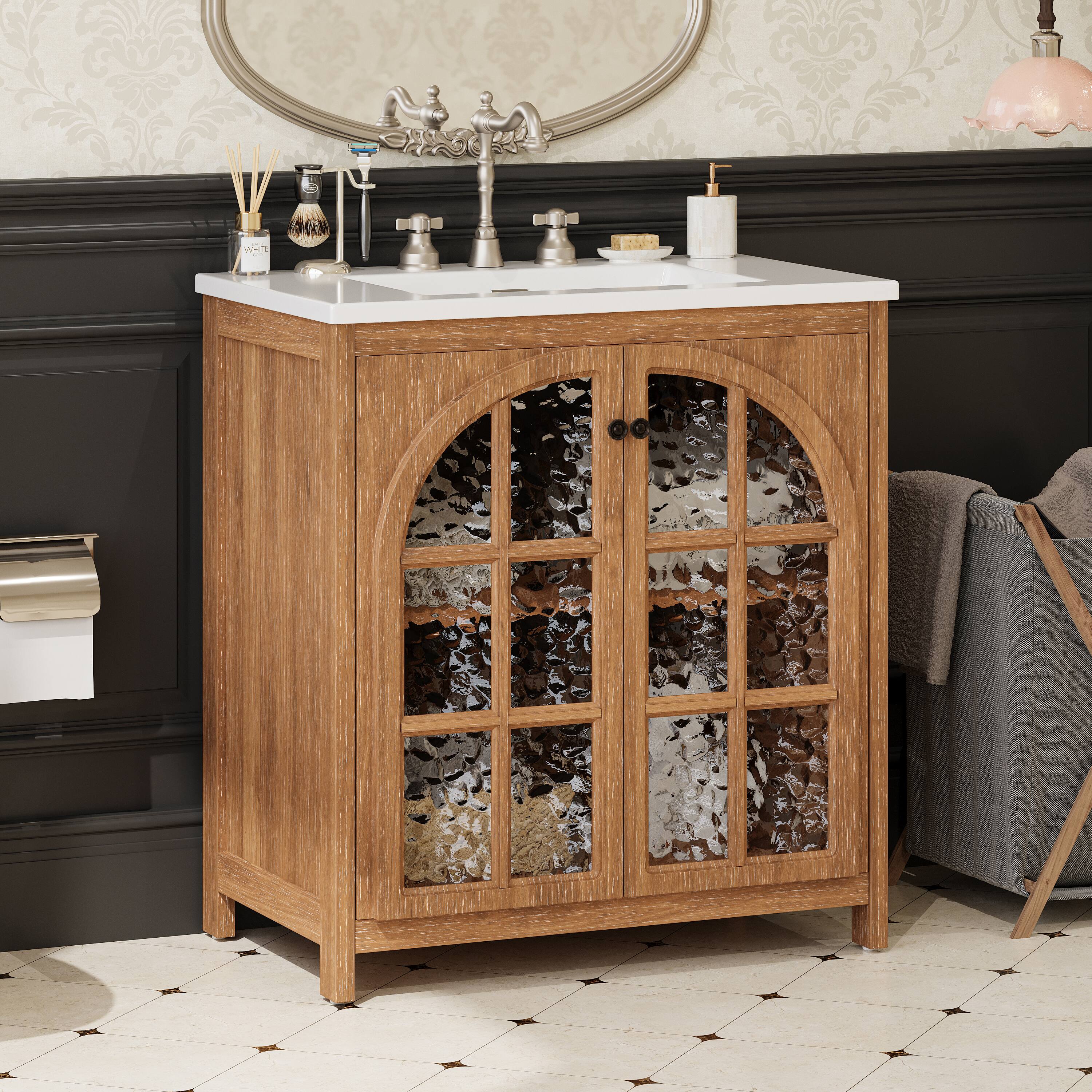 Back. Loheer - 2.58 ft Rustic Bathroom Vanity with Ceramic Sink, Soft Close Doors, Antique Natural. - Antique Natural.