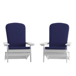 Emma + Oliver - Haven Set of Two All-Weather Poly Resin Folding Adirondack Chairs for Indoor/Outdoor Use - Blue Cushions/White Frame
