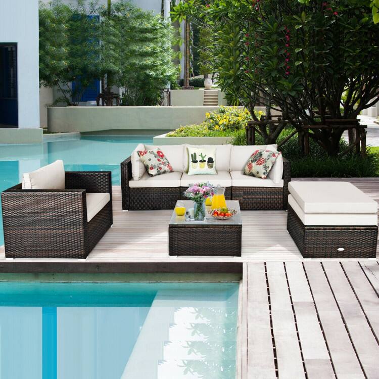 Left. SlickBlue - Patio 6-Piece Wicker Rattan Furniture Set with Soft Sectional Cushions - White.