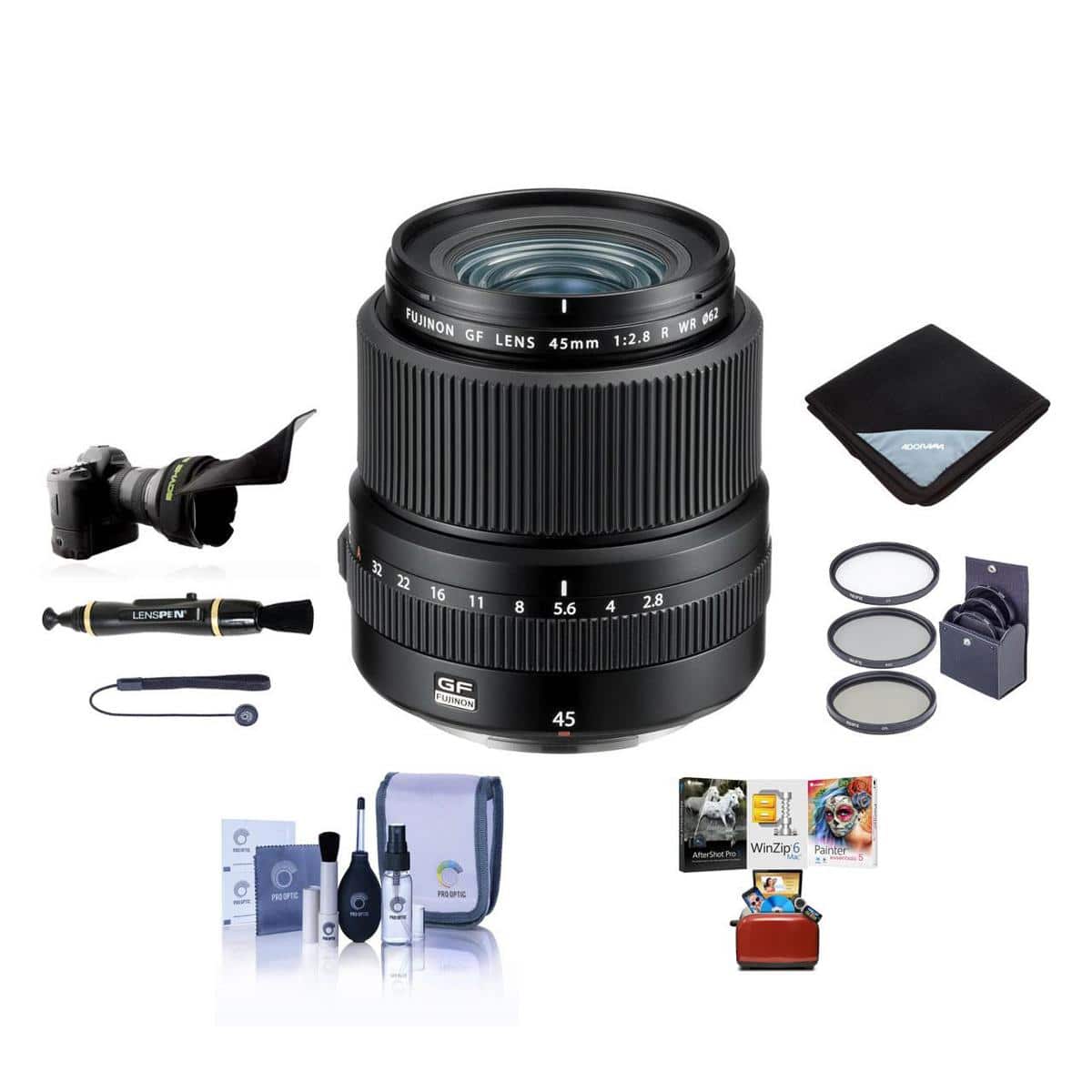Fujifilm - GF 45mm f/2.8 R WR Lens, Bundle with ProOptic 62mm Filter Kit, Lens Cap Tether, Cleaning Kit, Flex Lens Shade, price history on PriceWatchPro