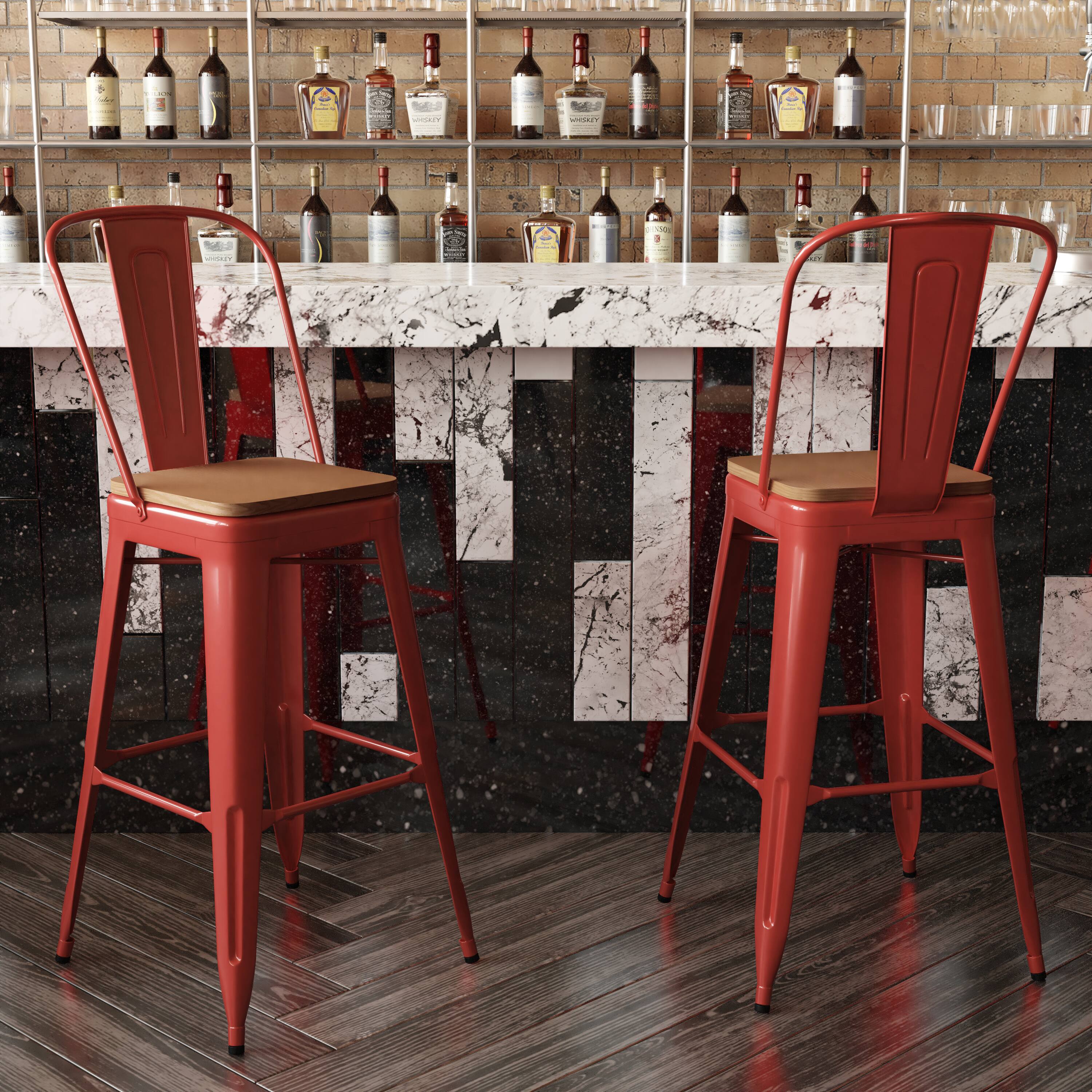 Alt View 3. Emma + Oliver - Kam Metal Indoor-Outdoor Stool with Removable Back and All-Weather Polystyrene Seat - Teak Seat/Red Frame.